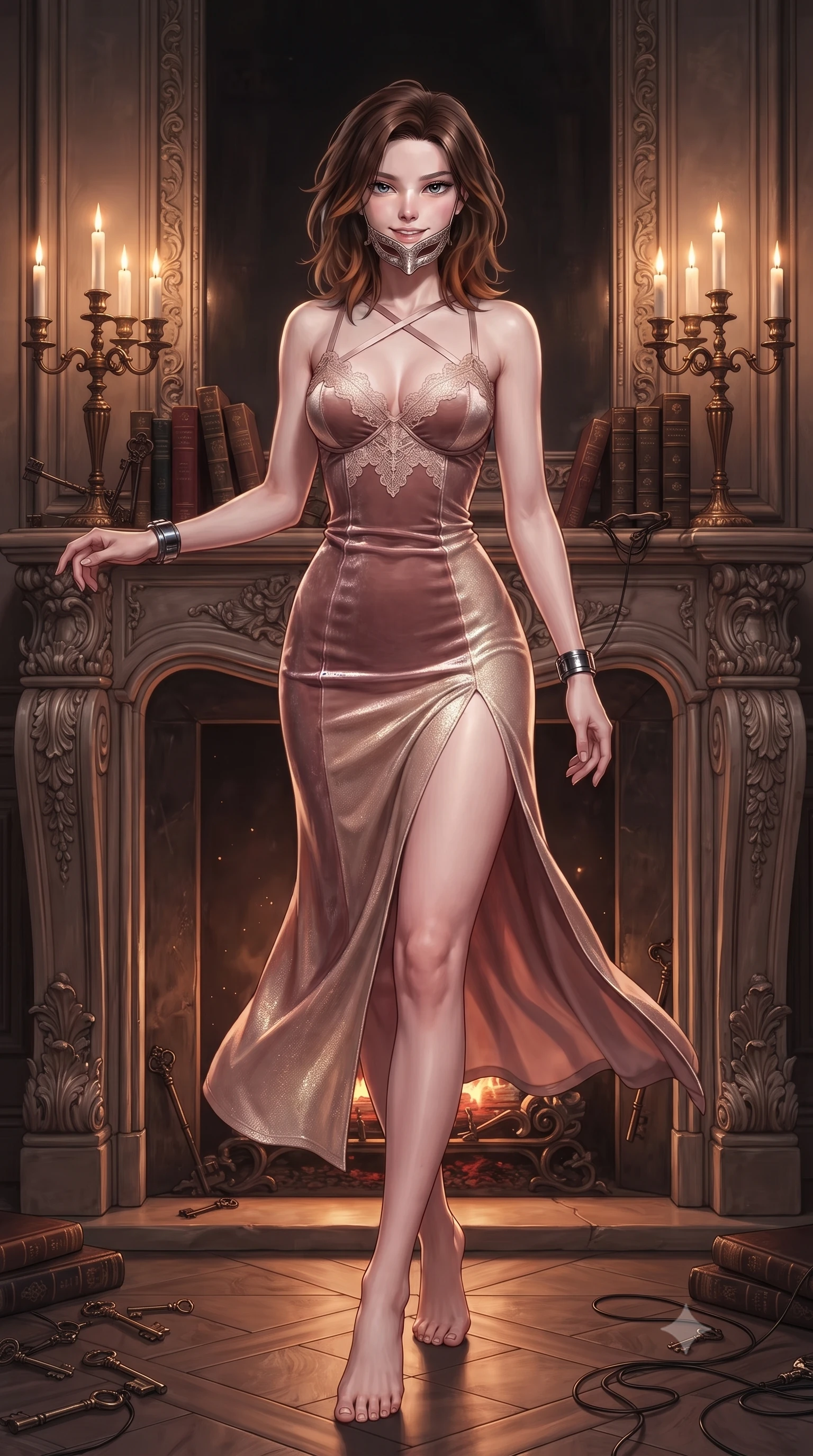 score_9, masterpiece, best quality, ultra-detailed, high-budget anime keyframe, editorial fashion photography, tasteful artistic composition, Korean woman. low angle full-body shot from head to toe showing her feet, filling the entire 9:16 vertical frame with her statuesque presence, stretching her vertical silhouette. stepping forward gracefully in mid-motion, displaying her toned flat midriff and flawlessly sculpted slender limbs while resting against a candlelit grand fireplace with mask slightly lowered, smiling with dangerous, bewitching elegance. The surrounding environment is rendered in vivid detail and crisp panoramic clarity. detailed baroque fireplace mantels, concealed listening device wires, and antique book spines in high clarity. She has an absolutely perfect, statuesque 8.5-heads proportion, an exceptionally tall and slender model-like female figure with impossibly long slender legs, a toned flat midriff, and an ultra-slim waist. sharp v-shaped jawline, high-bridge nose, intricate jewel-like eyes with depth, thick eyelashes, glossy lips with a natural sheen, captivating and magnetic expression, flawlessly proportioned anatomical accuracy, strict slender model proportions, natural body alignment, perfectly sculpted long slender limbs, ultra-slim waistline, clean dynamic posture without body distortion. wearing a high-slit velvet corset dress with delicate lace-trimmed bodice and crossed back straps in dusky blush rose and champagne shimmer, tailored from liquid silk jersey adhering flawlessly to her slender build, accented with concealed lockpick wristbands and polished dark chrome hardware, the precision-cut daring openings accentuating her delicate midriff, graceful bare collarbones, and ultra-slim feminine waistline. bathed in romantic warm candelabra glow and dramatic fireplace ember uplights. ultra-reflective glossy finish, specular highlights, rich textural contrasts, high-contrast stereoscopic depth, volumetric dynamic lighting, 2k, ultra detail, master piece, 9:16 ratio