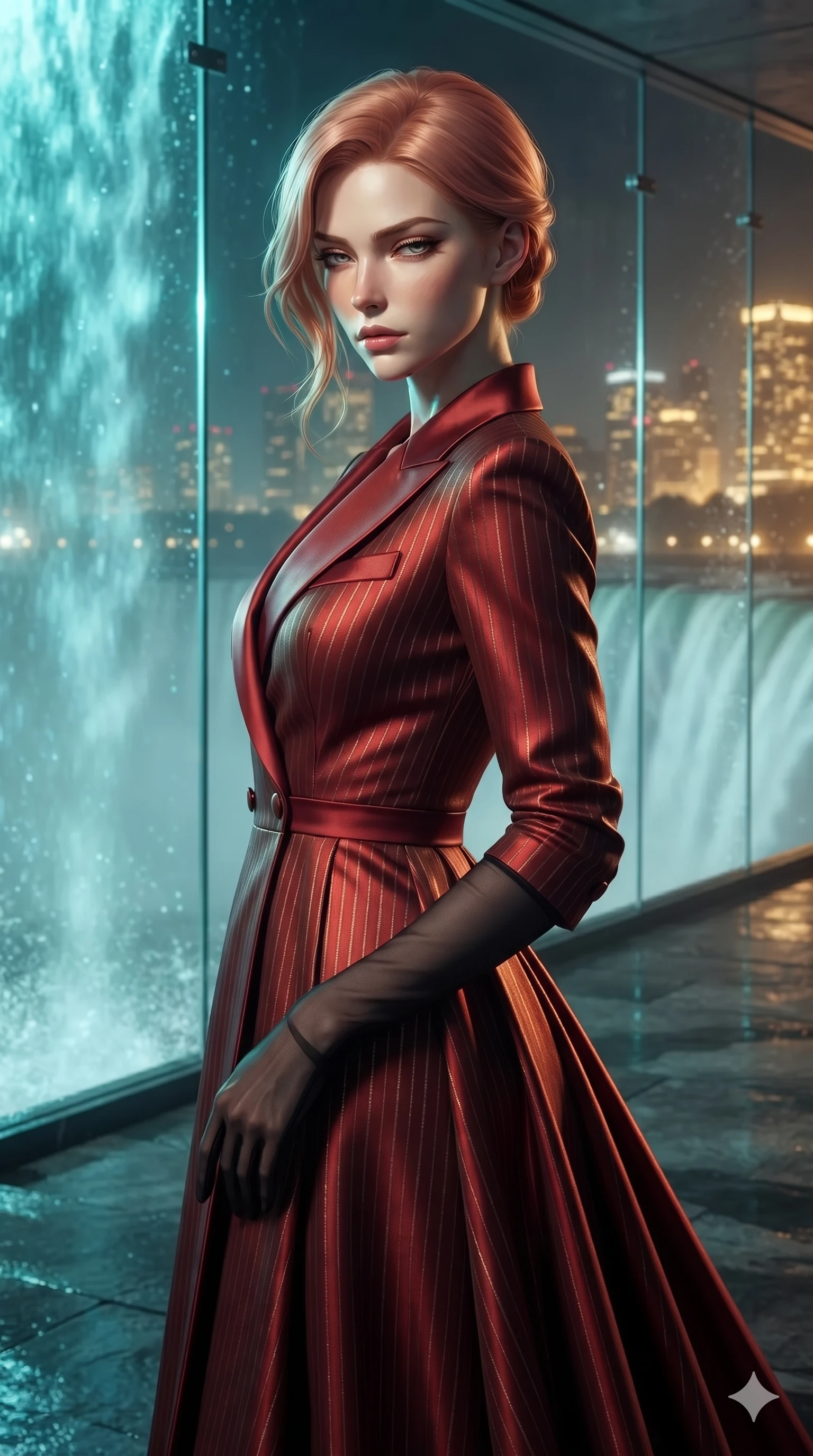 score_9, masterpiece, best quality, ultra-detailed, high-budget anime keyframe, editorial fashion photography, tasteful artistic composition, Japanese woman. close-up cowboy shot from the waist and thighs up, the character dominates the composition, filling the frame with her large presence. twisting her slender torso in a deep contrapposto stance, hips dramatically shifted to accentuate her feminine curves while looking past her shoulder with smoldering bedroom-eyes while twisting her slender torso in an alluring S-curve, turquoise waterfall light and city skyline glows painting sharp highlights along her narrow waist and curvy hips. The background shows a soft-focus fine waterfall spray haze softened in suspended glass promenade shallow focus. She has an exceptionally elegant, slender, and willowy female figure with an ultra-slim waist, flat toned midriff, narrow ribcage, and sculpted feminine hips creating an alluring, slim hourglass silhouette without bulk. sharp v-shaped jawline, high-bridge nose, intricate jewel-like sparkling eyes with depth, thick eyelashes, glossy parted lips with a natural sheen, intensely captivating and seductive bedroom-eyes expression, exuding both youthful cute charm and sovereign luxury allure, flawlessly proportioned anatomical accuracy, strict slender model proportions, natural body alignment, perfectly sculpted long slender limbs, ultra-slim waistline, clean dynamic posture without body distortion. wearing a tailored double-breasted tuxedo evening dress with structured satin lapels and metallic pinstripes in imperial vermilion silk and warm bronze, woven from high-density tech-wool with subtle metallic thread weave, complemented by sheer opera-length evening gloves tracing her slender arms, the impeccably tailored cut draping gracefully along her slender figure with aristocratic poise. illuminated by glass floor bounce and sharp turquoise-platinum rim lights defining her razor-sharp jawline, narrow waist, and curvy hips. ultra-reflective glossy finish, specular highlights, rich textural contrasts, high-contrast stereoscopic depth, volumetric dynamic lighting, 2k, ultra detail, master piece, 9:16 ratio