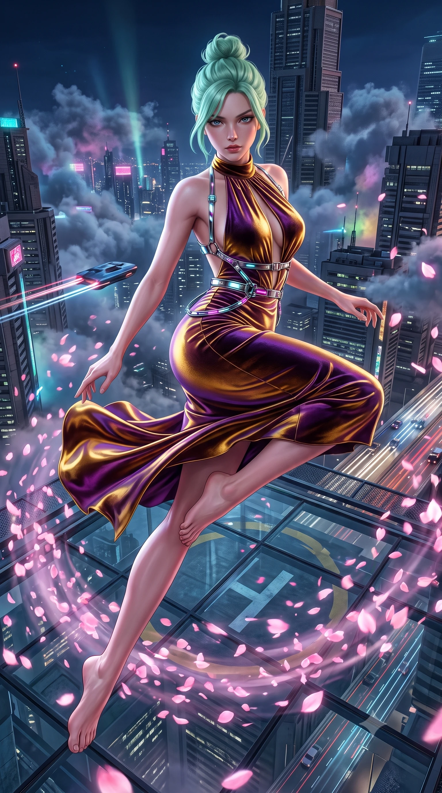 score_9, masterpiece, best quality, ultra-detailed, high-budget anime keyframe, semi-realistic 3D game render, editorial fashion photography, tasteful artistic composition, Japanese woman. low angle full-body shot from head to toe showing her feet, filling the entire 9:16 vertical frame with her statuesque presence, stretching her vertical silhouette. performing an alluring mid-air vault with flawless poise, looking directly into the camera with smoldering intensity while pivoting dramatically on a glass rooftop helipad as glowing pink sakura petals swirl across the city night. The surrounding environment is rendered in vivid detail and crisp panoramic clarity. intricate cyberpunk skyscraper architecture, atmospheric clouds, and highway light trails in crisp clarity. She has an absolutely perfect, statuesque 8.5-heads proportion, an exceptionally tall and slender model-like female figure with impossibly long slender legs and an ultra-slim waist. sharp v-shaped jawline, high-bridge nose, intricate jewel-like eyes with depth, thick eyelashes, glossy lips with a natural sheen, flawlessly proportioned anatomical accuracy, natural body alignment, perfectly sculpted elegant limbs, clean dynamic posture without body distortion. wearing a velvet halter-neck midi dress fitting her statuesque contour flawlessly with a Tasteful chest slit and open spine in lustrous molten gold and pure deep violet, made of smooth iridescent silk chiffon that shifts colors with movement, reinforced by a sleek metallic chrome harness and delicate glowing micro-straps, the glove-like fit tightly following every curve of her statuesque athletic build. surrounded by a dizzying, windswept, and exhilarating high-altitude sensual aura. highly saturated vibrant anime colors, detailed shading with soft gradients, rich glossy textures, high-contrast stereoscopic depth, volumetric dynamic lighting, master piece, 9:16 ratio
