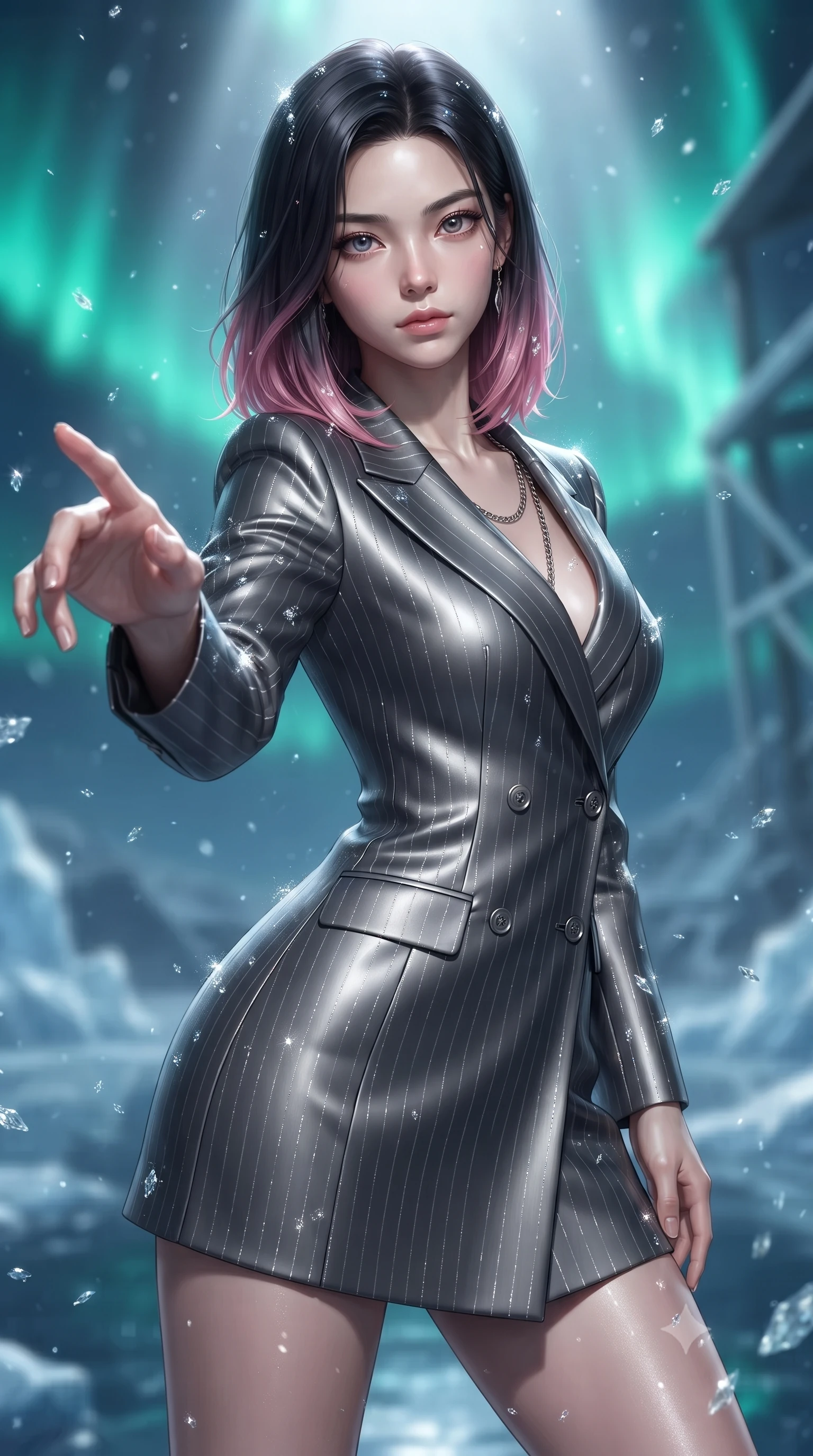 score_9, masterpiece, best quality, ultra-detailed, high-budget anime keyframe, editorial fashion photography, tasteful artistic composition, Korean woman. close-up cowboy shot from the waist and thighs up, the character dominates the composition, filling the frame with her large presence, background elements kept in soft focus. Reaching her hand gracefully toward the camera with magnetic allure, her torso turning in a dynamic S-curve alignment while reaching her hand forward toward a solitary spotlight isolating her statuesque posture, glimmering ice crystals scattering crisp silver specular highlights everywhere. She has an exceptionally elegant, slender, and willowy female figure with an ultra-slim waist, a gracefully sculpted slender torso, and a refined silhouette. sharp v-shaped jawline, high-bridge nose, intricate jewel-like eyes with depth, thick eyelashes, glossy lips with a natural sheen, flawlessly proportioned anatomical accuracy, natural body alignment, perfectly sculpted elegant limbs, clean dynamic posture without body distortion. wearing a double-breasted blazer dress with subtle metallic pin-stripes in charcoal grey and platinum, crafted from smooth liquid silk, adorned with delicate metallic chain straps along the neckline, the tailored fabric tightly following every curve of her athletic build. bathed in crisp silver moonlight and vivid cyan-green polar aurora backlighting. ultra-reflective glossy finish, specular highlights, metallic sheen, high-contrast stereoscopic depth, volumetric dynamic lighting, 2k, ultra detail, master piece, 9:16 ratio