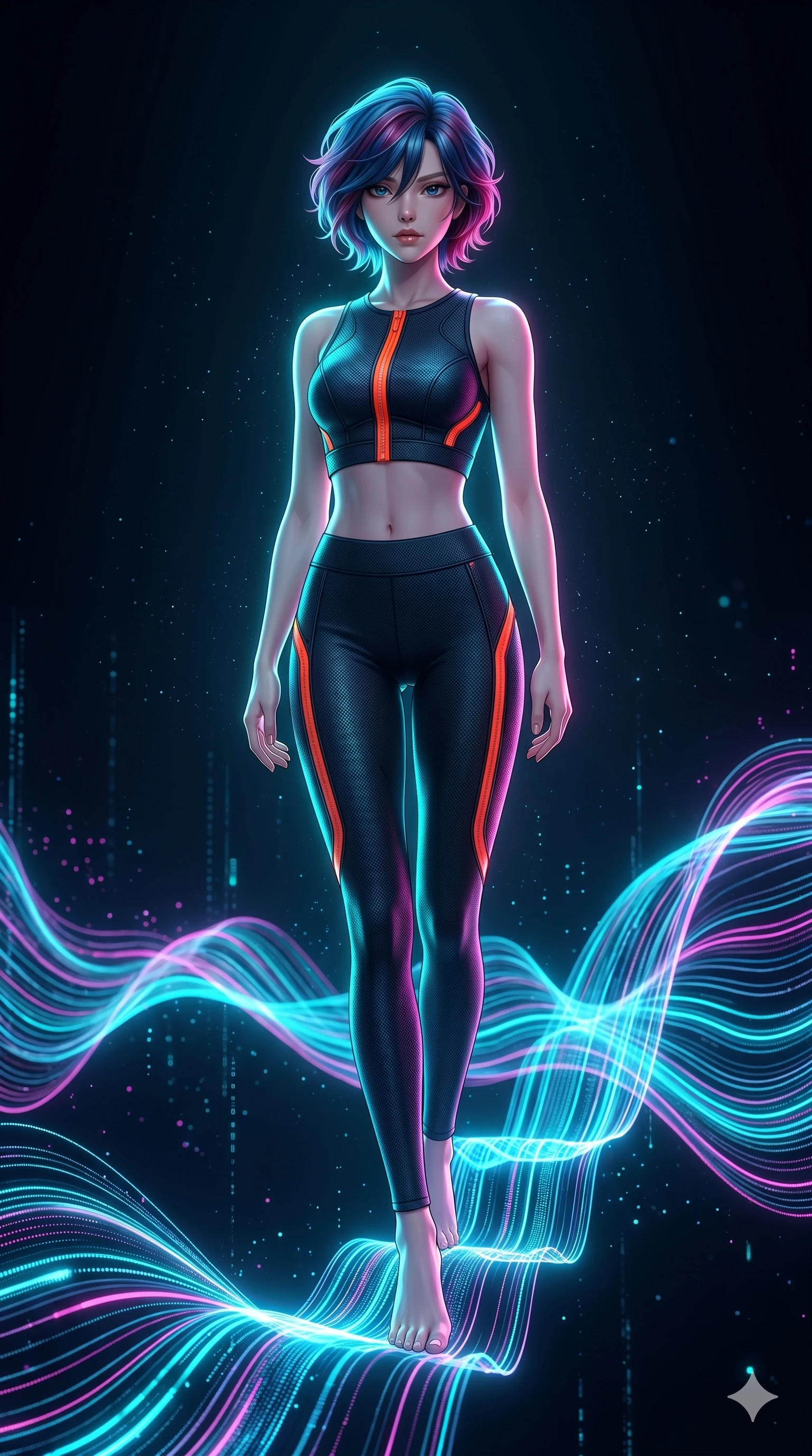 score_9, masterpiece, best quality, ultra-detailed, high-budget anime keyframe, Korean woman. low angle full-body shot filling the entire 9:16 frame with her statuesque presence, stretching the vertical silhouette. stepping on holographic fluid ribbons of sound that ripple with cyan and magenta light in a dark virtual void. She has an absolutely perfect 8-heads proportion, an exceptionally tall and slender female figure with impossibly long slender legs and an ultra-slim waist. V-shaped jawline, high-bridge nose, intricate jewel-like eyes with depth, thick eyelashes, glossy lips with a natural sheen.. wearing a second-skin neoprene cyber-athleisure set, featuring a tight crop top and leggings with fluorescent orange zipper accents and side slash panels. illuminated by dramatic chiaroscuro casting soft shadows along her curves, with vibrant backlighting highlighting the dust particles. 2k, ultra detail, master piece, 9:16 ratio