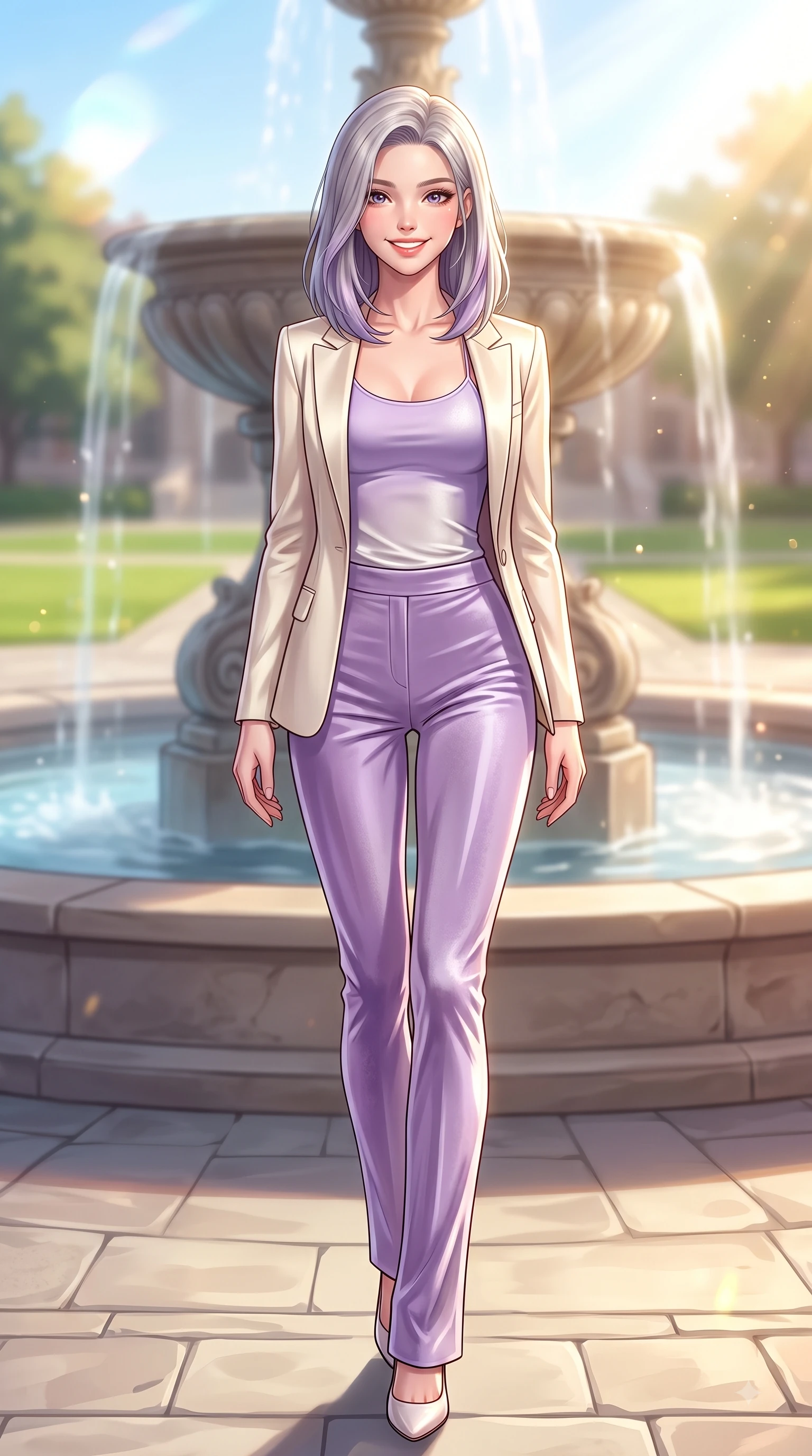 score_9, masterpiece, best quality, ultra-detailed, high-budget anime keyframe, editorial fashion photography, tasteful artistic composition, Caucasian woman. low angle full-body shot from head to toe showing her feet, filling the entire 9:16 vertical frame with her statuesque presence, stretching her vertical silhouette. walking forward in a proud dynamic stride with a cheerful beaming smile, her vertical silhouette filling the frame while resting near a grand campus stone fountain with a sweet, radiant expression in her eyes. The composition keeps background elements in soft focus with dreamy bokeh. lush quad lawns scattering golden sun motes into a smooth, dreamy backdrop. She has an absolutely perfect, statuesque 8.5-heads proportion, an exceptionally tall and slender model-like female figure with impossibly long slender legs and an ultra-slim waist. sharp v-shaped jawline, high-bridge nose, intricate jewel-like eyes with depth, thick eyelashes, glossy lips with a natural sheen, flawlessly proportioned anatomical accuracy, natural body alignment, perfectly sculpted elegant limbs, clean dynamic posture without body distortion. wearing a tailored cream silk blazer over a fitted scoop-neck camisole and slacks in soft lavender violet and pearl white, made of lustrous stretch velvet, finished with delicate criss-cross back straps highlighting her bare shoulders, the glove-like fit emphasizing her statuesque silhouette during motion. illuminated by warm golden sunbursts and bright clear sky refractions. highly saturated vibrant anime colors, detailed shading with soft gradients, rich glossy textures, high-contrast stereoscopic depth, volumetric dynamic lighting, master piece, 9:16 ratio