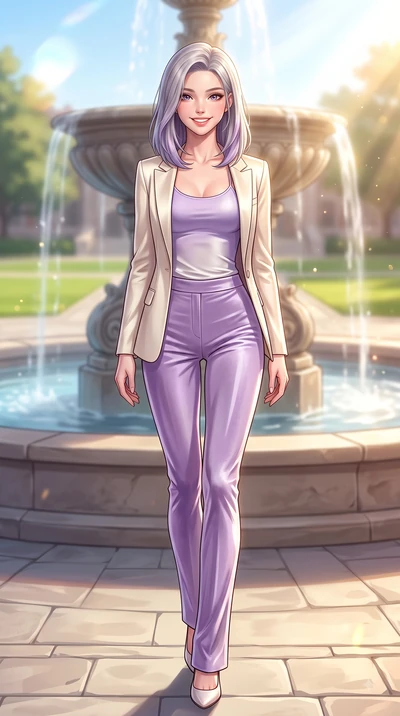 score_9, masterpiece, best quality, ultra-detailed, high-budget anime keyframe, editorial fashion photography, tasteful artistic composition, Caucasian woman. low angle full-body shot from head to toe showing her feet, filling the entire 9:16 vertica