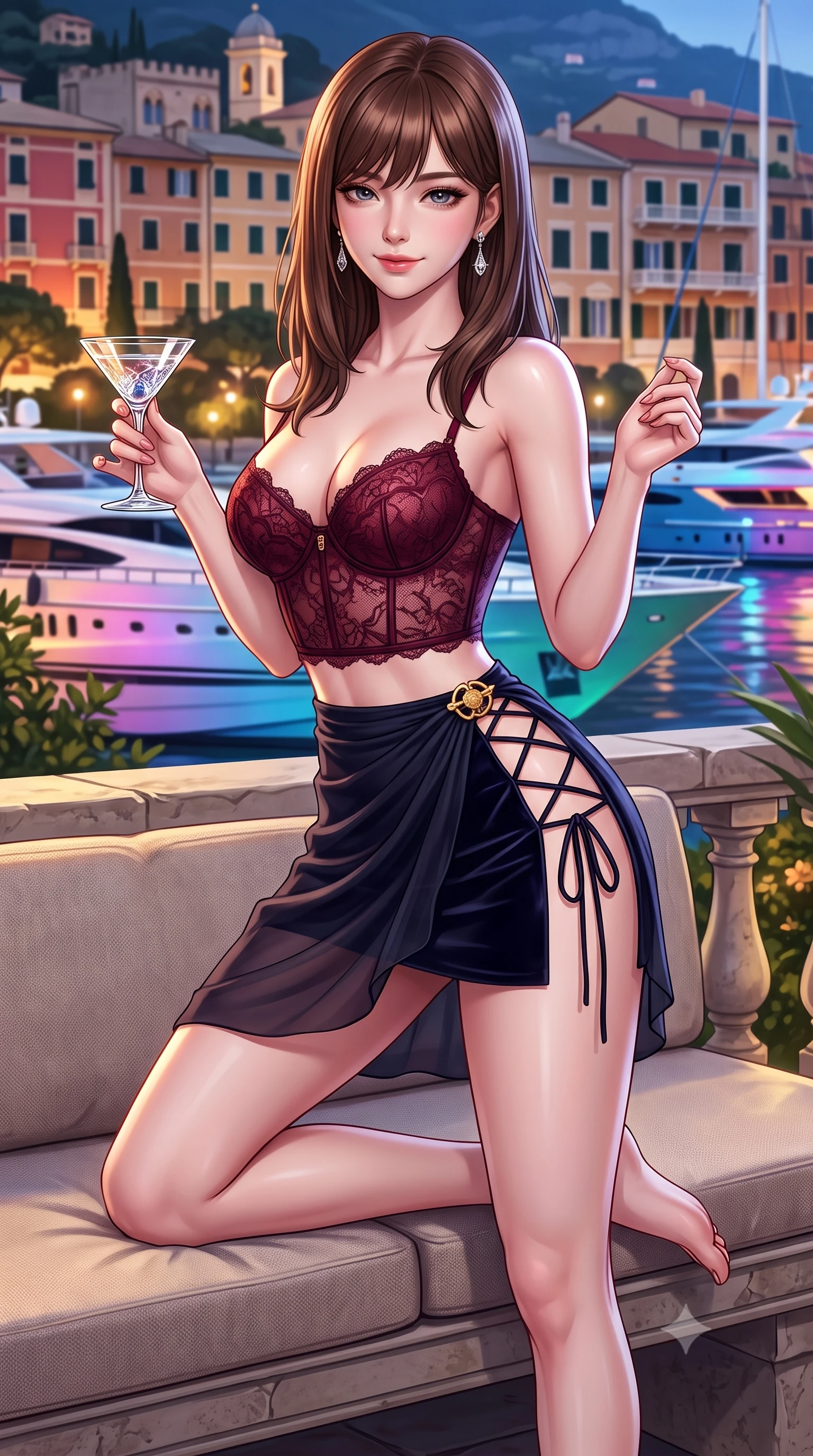 score_9, masterpiece, best quality, ultra-detailed, high-budget anime keyframe, semi-realistic 3D game render, editorial fashion photography, tasteful artistic composition, Korean woman. close-up cowboy shot from the waist and thighs up, the character dominates the composition, filling the frame with her large presence. perched sideways on the lounge seat, one knee drawn up to showcase her slender leg line while her arched back accentuates her feminine hip curve while sitting perched on the cushioned stone bench with legs extended, holding a crystal cocktail glass with dangerous high-fashion cool. The surrounding environment is rendered in vivid detail and crisp panoramic clarity: detailed form-contouring velvet bodycon dress cling, diamond drop earrings sparkle, and Riviera landscape architecture in high resolution. She has an exceptionally elegant, slender, and willowy female figure with an ultra-slim waist, flat toned midriff, narrow ribcage, and sculpted feminine hips creating an alluring, slim hourglass silhouette without bulk. sharp v-shaped jawline, high-bridge nose, sparkling eyes with hypnotic seductive depth, thick curled eyelashes, glossy parted lips with a natural dewy peach sheen, alluring bedroom-eyes with an enchanting coquettish smile, exuding magnetic siren charisma and sophisticated glamour, flawlessly proportioned anatomical accuracy, strict slender model proportions, natural body alignment, perfectly sculpted long slender limbs, ultra-slim waistline, clean dynamic posture without body distortion. wearing a delicate French lace underwire bustier paired with a draped sheer chiffon wrap mini skirt and gold hip brooch in Gion dark cherry and midnight obsidian, tailored from ultra-plush velvet with rich tactile depth and deep shadow gradients, featuring fine criss-cross lace-up side ties revealing tantalizing glimpses of her hip curve, the second-skin tailored fabric adhering flawlessly to her sculpted flat midriff and slender torso, emphasizing her long leg lines and perfectly proportioned willowy build. bathed in warm garden landscape uplighting mixed with dynamic multi-color reflections from harbor yachts. highly saturated vibrant anime colors, detailed shading with soft gradients, rich glossy textures, high-contrast stereoscopic depth, volumetric dynamic lighting, master piece, 9:16 ratio