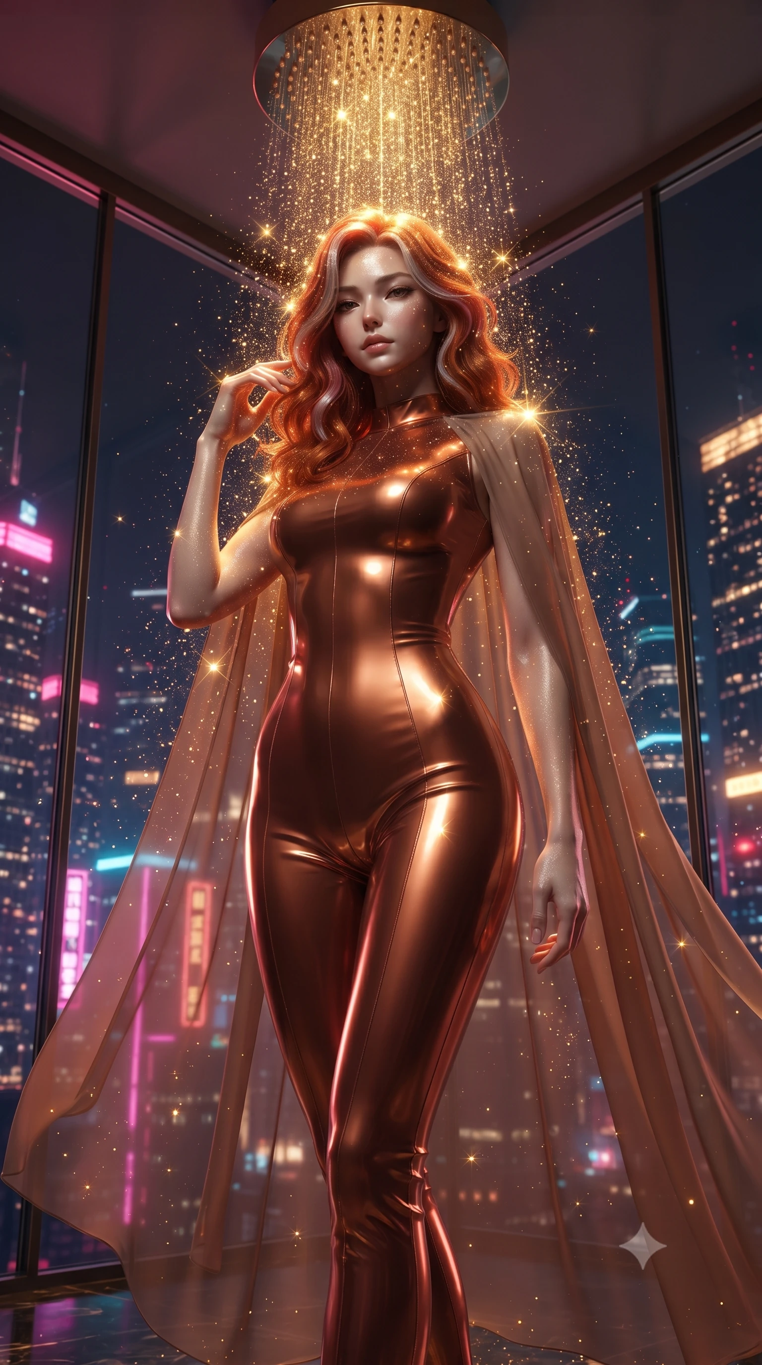 score_9, masterpiece, best quality, ultra-detailed, High-budget Anime Keyframe, editorial fashion photography, tasteful artistic composition, realistic cosplay photography, Caucasian woman, strictly human ears. Low angle cowboy shot filling the entire 9:16 frame with her statuesque presence. Scenario 487: showering under a cascade of glittering gold stardust inside a luxury penthouse with floor-to-ceiling glass walls overlooking a neon grid. Her presence is magnetic and overpowering in this high-budget cinematic scene. Outfit 487: a form-contouring metallic copper matte vinyl jumpsuit draped with a semi-transparent chiffon cape. The clothing is designed to emphasize her exceptionally tall and slender 8-heads proportion. 8-heads proportion, towering silhouette, ultra-slim waist. sharp v-shaped jawline, intricate jewel-like eyes with depth, thick eyelashes, glossy lips. ultra-reflective glossy finish, specular highlights, metallic sheen, high-contrast stereoscopic depth, volumetric dynamic lighting, 2k, ultra detail, master piece, 9:16 ratio