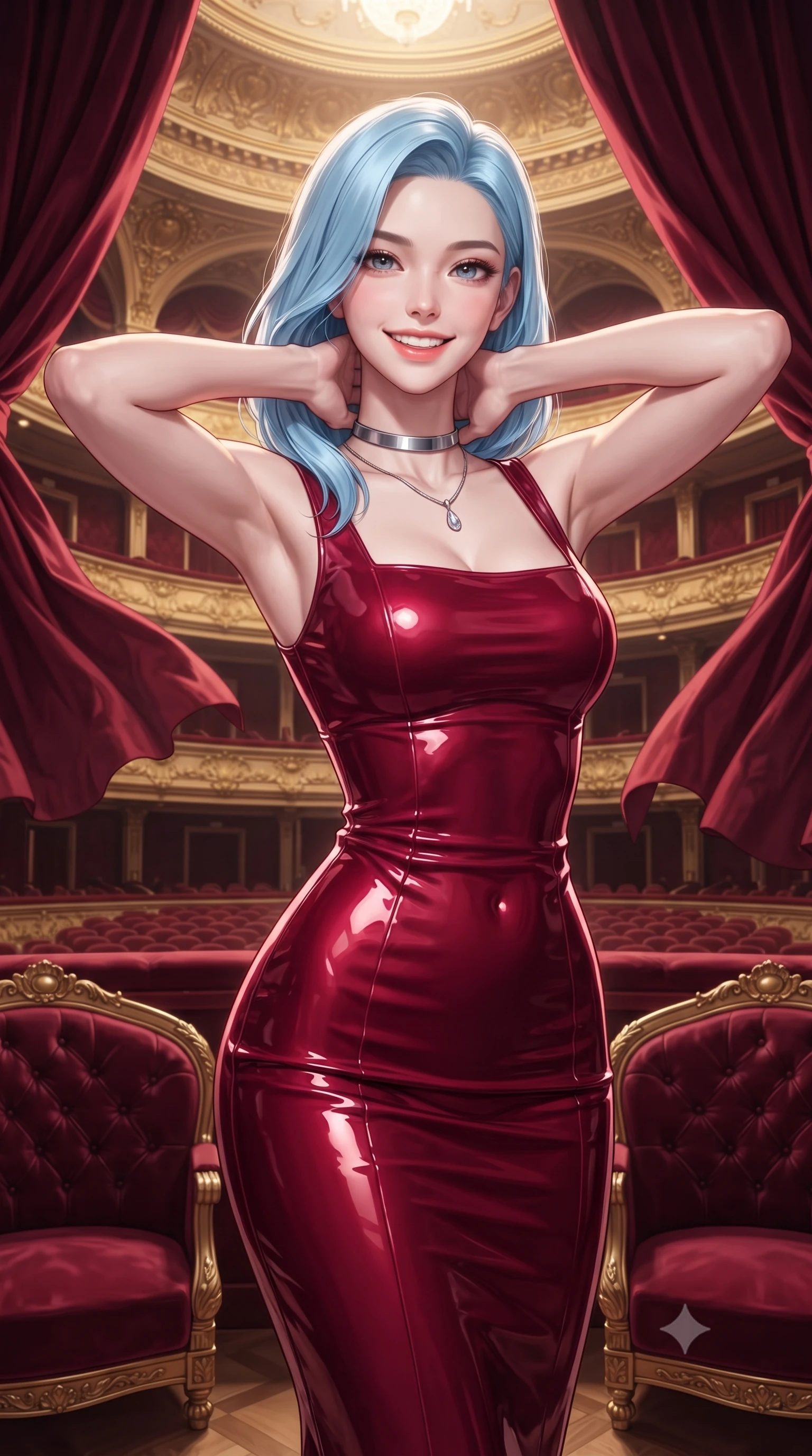 score_9, masterpiece, best quality, ultra-detailed, high-budget anime keyframe, editorial fashion photography, tasteful artistic composition, Korean woman. close-up cowboy shot from the waist and thighs up, the character dominates the composition, filling the frame with her large presence. resting both hands lightly behind her neck with elbows raised, arching her spine to highlight her narrow waist, flat midriff, and breathtaking collarbones while standing poised in the gilded royal loge overlooking the grand auditorium, arching her spine with aristocratic charisma as levitating crimson velvet curtains flutter in mid-air. The surrounding environment is rendered in vivid detail and crisp panoramic clarity: sharp hand-carved gilded acanthus leaf mouldings, deep button-tufted velvet upholstery grain, and crystal chandelier facets in deep focus. She has an exceptionally elegant, slender, and willowy female figure with an ultra-slim waist, flat toned midriff, narrow ribcage, and sculpted feminine hips creating an alluring, slim hourglass silhouette without bulk. sharp v-shaped jawline, high-bridge nose, intricate jewel-like sparkling eyes with depth, thick eyelashes, glossy parted lips with a natural peach sheen, bright cheerful beaming smile with an enchanting and coquettish sensual glint, exuding both youthful cute charm and seductive allure, flawlessly proportioned anatomical accuracy, strict slender model proportions, natural body alignment, perfectly sculpted long slender limbs, ultra-slim waistline, clean dynamic posture without body distortion. wearing a glove-like stretch lambskin leather sheath dress accentuating her ultra-slim waistline without bulk in royal opera crimson velvet and burnished gold, tailored from high-gloss patent leather with mirror-like specular highlights, finished with a minimalist chrome choker and a single teardrop diamond pendant, the glove-like clinging cut tightly following the natural contour of her hips and long slender legs with youthful 8.5-heads elegance. illuminated by parquet floor reflection bounce and sharp rose-gold rim lights sculpting her jawline, narrow waist, and curvy hips. ultra-reflective glossy finish, specular highlights, rich textural contrasts, high-contrast stereoscopic depth, volumetric dynamic lighting, 2k, ultra detail, master piece, 9:16 ratio