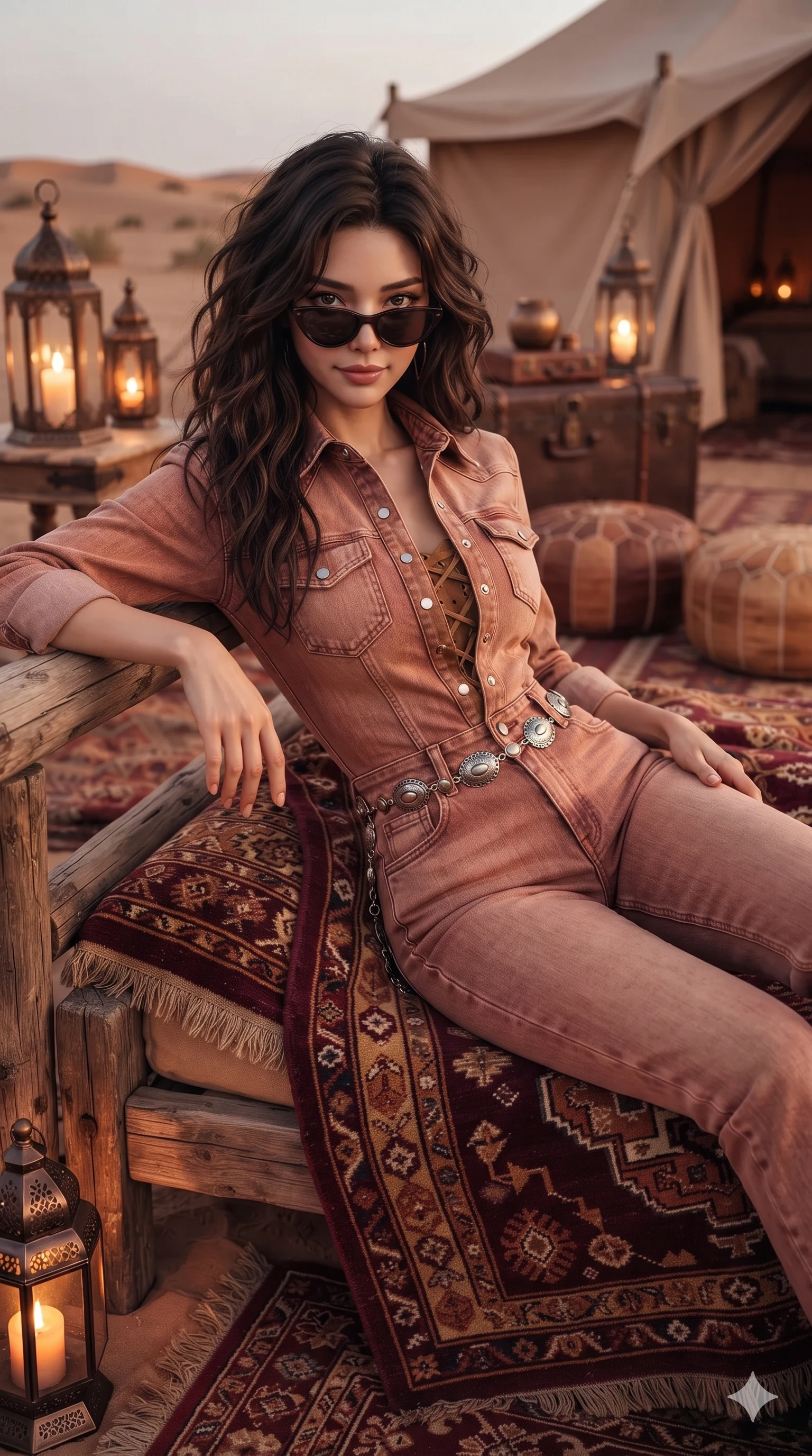score_9, masterpiece, best quality, ultra-detailed, high-budget anime keyframe, editorial fashion photography, tasteful artistic composition, Korean woman. close-up cowboy shot from the waist and thighs up, the character dominates the composition, filling the frame with her large presence. leaning against the timber guardrail with hips cocked back, looking through dark sunglasses with an alluring, confident half-smile while lounging across a low wooden daybed draped with Moroccan kilim rugs on the timber veranda, her flat midriff and long slender legs bathed in lantern glow. The surrounding environment is rendered in vivid detail and crisp panoramic clarity: detailed lace-up suede bustier tailoring, silver concho waist chain, and luxury desert glamping decor in razor-sharp resolution. She has an exceptionally elegant, slender, and willowy female figure with an ultra-slim waist, flat toned midriff, narrow ribcage, and sculpted feminine hips creating an alluring, slim hourglass silhouette without bulk. sharp v-shaped jawline, high-bridge nose, sparkling eyes with hypnotic seductive depth, thick curled eyelashes, glossy parted lips with a natural dewy peach sheen, alluring bedroom-eyes with an enchanting coquettish smile, exuding magnetic siren charisma and sophisticated glamour, flawlessly proportioned anatomical accuracy, strict slender model proportions, natural body alignment, perfectly sculpted long slender limbs, ultra-slim waistline, clean dynamic posture without body distortion. wearing a bespoke tailored denim jumpsuit with structured collar and polished western pearl snap buttons in sun-kissed terracotta and dusty canyon rose, crafted from luxurious metallic lamé that shifts radiance with every step, finished with sleek heavy-duty brass zip pulls and buckled moto straps, the bespoke structured tailoring following the natural line of her 8.5-heads silhouette with refined elegance. illuminated by timber deck bounce and sharp amber-bronze rim lights defining her razor-sharp jawline, narrow waist, and curvy hips. ultra-reflective glossy finish, specular highlights, rich textural contrasts, high-contrast stereoscopic depth, volumetric dynamic lighting, 2k, ultra detail, master piece, 9:16 ratio