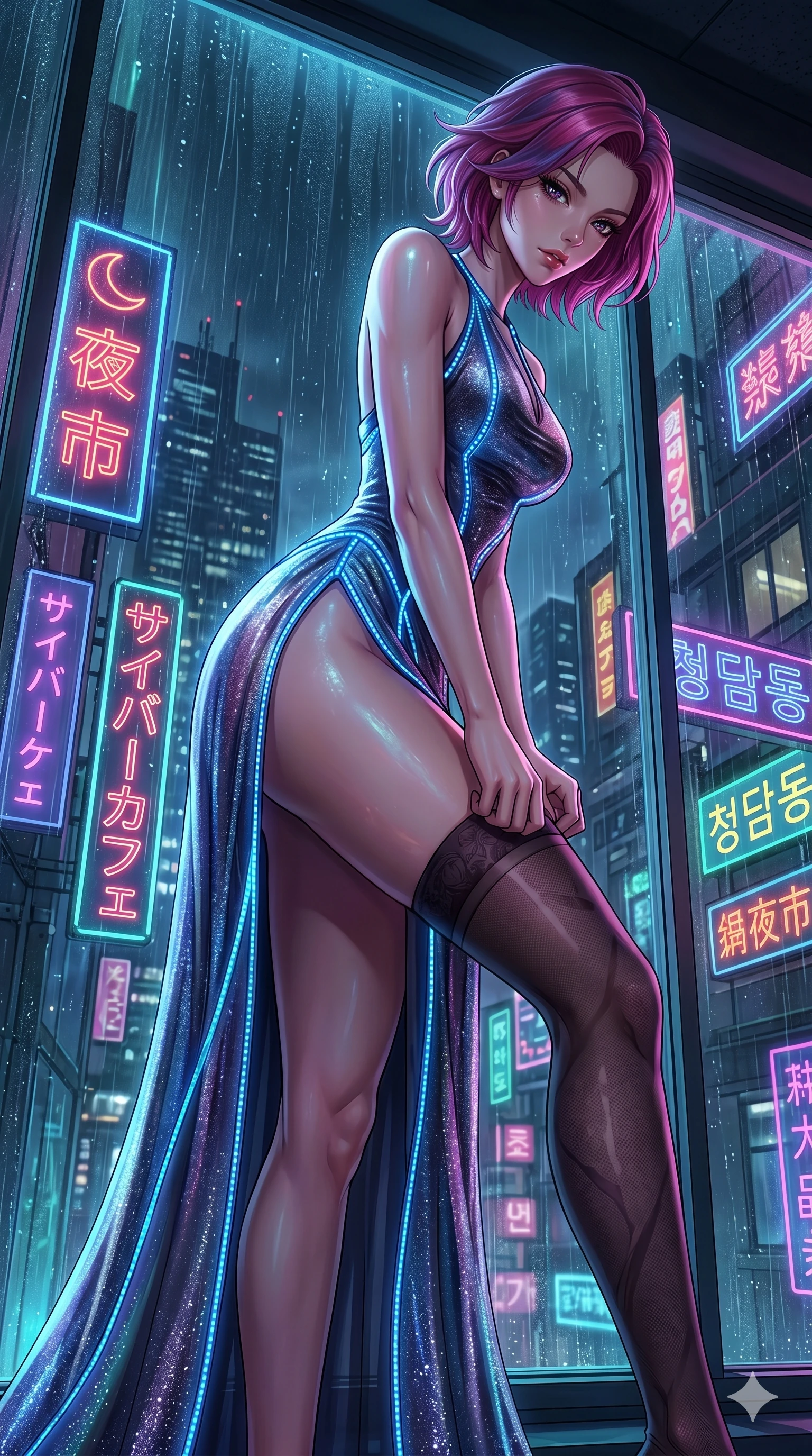 score_9, masterpiece, best quality, ultra-detailed, High-budget Anime Keyframe, East Asian woman. Low angle cowboy shot filling the entire 9:16 frame with her statuesque presence. Scenario 247: Adjusting her thigh-high stocking by a glowing neon window. Her presence is magnetic and overpowering in this high-budget anime scene. Outfit 247: A shimmering chiffon long with a thigh-high slit and glowing LED seams. The clothing is designed to emphasize her exceptionally tall and slender 8-heads proportion. 8-heads proportion, towering silhouette, ultra-slim waist. sharp v-shaped jawline, intricate jewel-like eyes with depth, thick eyelashes, glossy lips. 2k, ultra detail, master piece, 9:16 ratio