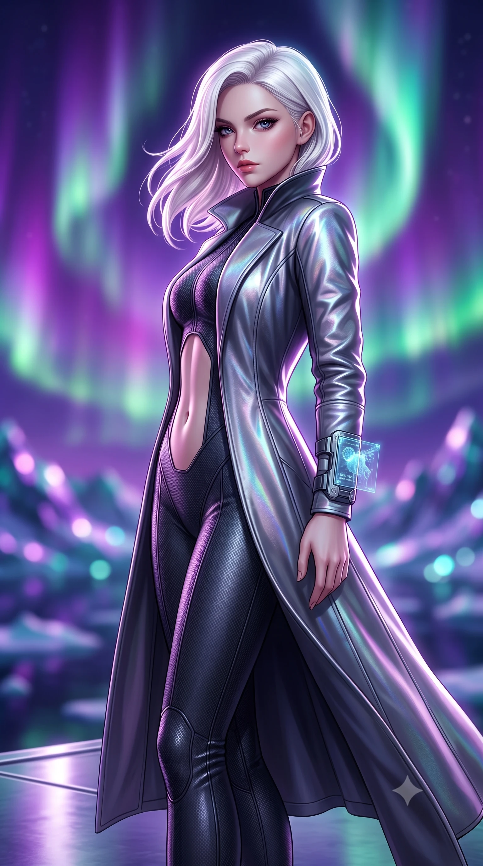 score_9, masterpiece, best quality, ultra-detailed, high-budget anime keyframe, semi-realistic 3D game render, editorial fashion photography, tasteful artistic composition, Caucasian woman. close-up cowboy shot from the waist and thighs up, the character dominates the composition, filling the frame with her large presence. leaning back with relaxed seductive grace, her sculpted collarbones and narrow waist highlighted as she casts smoldering bedroom-eyes directly into the camera while standing poised on a polished titanium altar overlooking midnight glaciers, twisting her torso to look back with fierce, intoxicating allure as auroras dance overhead. The composition keeps background elements in soft focus with creamy bokeh. swirling violet, emerald, and magenta aurora curtains and distant glacier peaks blurred into glowing amethyst, teal, and diamond bokeh. She has an exceptionally elegant, slender, and willowy female figure with an ultra-slim waist, a gracefully sculpted slender torso, toned flat midriff, and rounded feminine hips creating an alluring hourglass silhouette. sharp v-shaped jawline, high-bridge nose, intricate jewel-like eyes with depth, thick eyelashes, glossy parted lips with a natural sheen, intensely captivating and seductive bedroom-eyes expression, flawlessly proportioned anatomical accuracy, strict slender model proportions, natural body alignment, perfectly sculpted long slender limbs, ultra-slim waistline, clean dynamic posture without body distortion. wearing a second-skin dark carbon-weave infiltration catsuit paired with a tailored long leather trench coat in holographic silver prism and deep graphite, tailored from supple second-skin lambskin leather adhering to her curves, equipped with a wrist-mounted miniature holographic display terminal, the form-contouring material adhering flawlessly to her sculpted flat midriff and slender torso, emphasizing her long leg lines and perfectly proportioned willowy build. bathed in vibrant emerald and violet aurora backlighting from the polar sky. highly saturated vibrant anime colors, detailed shading with soft gradients, rich glossy textures, high-contrast stereoscopic depth, volumetric dynamic lighting, master piece, 9:16 ratio