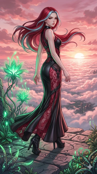 score_9, masterpiece, best quality, ultra-detailed, high-budget anime keyframe, editorial fashion photography, tasteful artistic composition, Caucasian woman, strictly human ears. low angle full-body shot from head to toe showing her feet, filling th