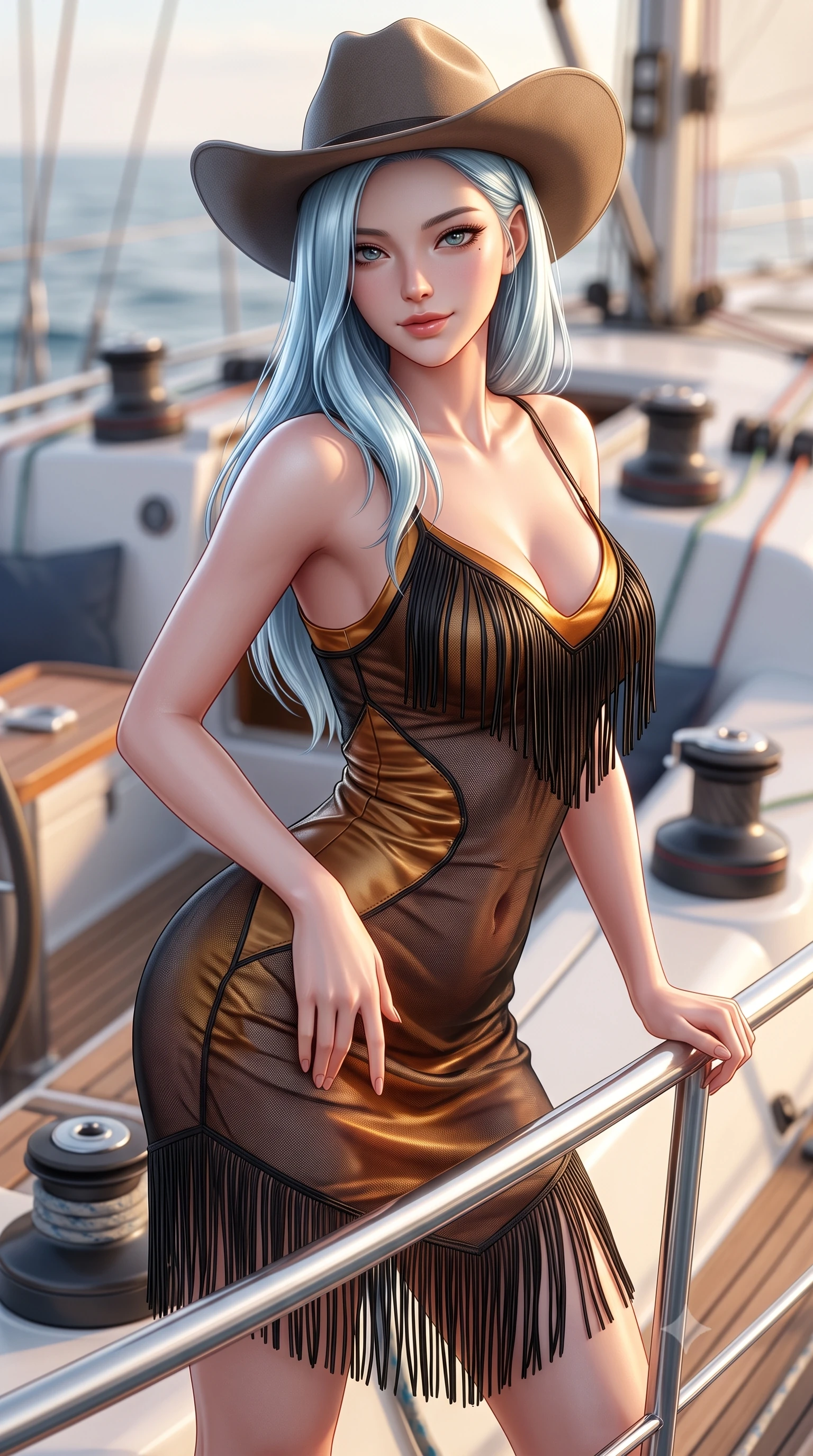 score_9, masterpiece, best quality, ultra-detailed, high-budget anime keyframe, semi-realistic 3D game render, editorial fashion photography, tasteful artistic composition, Korean woman. close-up cowboy shot from the waist and thighs up, the character dominates the composition, filling the frame with her large presence. tilting her head with a teasing half-smile, running one hand slowly down the side of her hip in a flirtatious S-curve as ambient light caresses her silhouette while leaning against the yacht stainless steel pulpit railing with hips cocked back, looking into the lens with an irresistible bedroom-gaze. The background shows a soft-focus racing yacht halyard winches softened in high-seas nautical shallow focus. She has an exceptionally elegant, slender, and willowy female figure with an ultra-slim waist, flat toned midriff, narrow ribcage, and sculpted feminine hips creating an alluring, slim hourglass silhouette without bulk. sharp v-shaped jawline, high-bridge nose, sparkling eyes with hypnotic seductive depth, thick curled eyelashes, glossy parted lips with a natural dewy peach sheen, alluring bedroom-eyes with an enchanting coquettish smile, exuding magnetic siren charisma and sophisticated glamour, flawlessly proportioned anatomical accuracy, strict slender model proportions, natural body alignment, perfectly sculpted long slender limbs, ultra-slim waistline, clean dynamic posture without body distortion. wearing a sheer black gauze fringe slip dress worn over a liquid satin undergarment, hugging her flat midriff and hips in warm amber honey and antique gold leaf, woven from buttery-soft stretch lambskin leather adhering to her body like a second skin, finished with a wide-brimmed felt cowboy hat tipped back to frame her face and long glossy hair, the form-contouring silhouette accentuating her sculpted flat midriff, narrow delicate ribcage, and gracefully curvy hips with intoxicating allure. illuminated by sea spray bounce and sharp platinum rim lights defining her delicate clavicles, ultra-slim waist, and curvy hips. highly saturated vibrant anime colors, detailed shading with soft gradients, rich glossy textures, high-contrast stereoscopic depth, volumetric dynamic lighting, master piece, 9:16 ratio