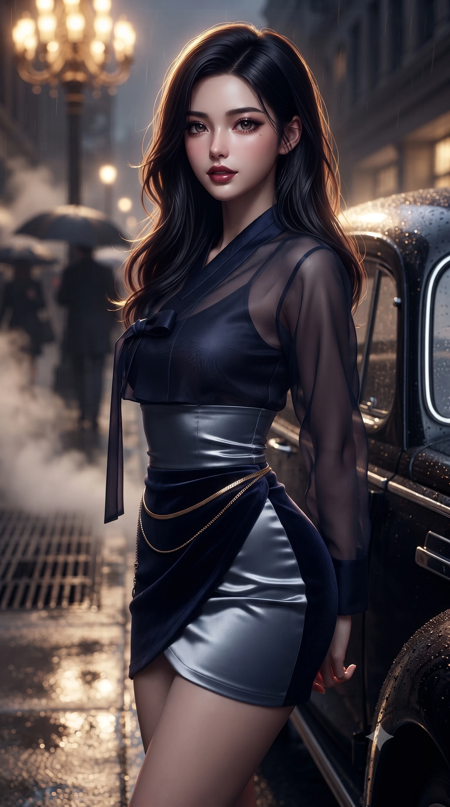 score_9, masterpiece, best quality, ultra-detailed, high-budget anime keyframe, editorial fashion photography, tasteful artistic composition, Japanese woman. close-up cowboy shot from the waist and thighs up, the character dominates the composition, filling the frame with her large presence. turning slowly with a smoldering smile, her glossy dark hair catching the amber chandelier rim light as her hips angle gracefully in a captivating contrapposto while standing poised beside a vintage black town car, twisting her slender torso in an alluring contrapposto stance with parted glossy lips and sovereign poise. The composition keeps background elements in soft focus with dreamy creamy bokeh. steaming subway grates and passing umbrella silhouettes softened in cinematic noir shallow focus. She has an exceptionally elegant, slender, and willowy female figure with an ultra-slim waist, flat toned midriff, narrow ribcage, and sculpted feminine hips creating an alluring, slim hourglass silhouette without bulk. sharp v-shaped jawline, high-bridge nose, intricate jewel-like dark sparkling eyes with dangerous depth, thick curled eyelashes, glossy parted lips with a rich wine sheen, smoldering seductive half-smile with bedroom-eyes, exuding effortless superiority and intoxicating dark allure, flawlessly proportioned anatomical accuracy, strict slender model proportions, natural body alignment, perfectly sculpted long slender limbs, ultra-slim waistline, clean dynamic posture without body distortion. wearing a modern fusion dark hanbok mini dress with a sheer silk organza jeogori and high-waisted velvet wrap skirt in midnight indigo and icy platinum, made of supple butter-soft lambskin leather with a subtle satin sheen, finished with a delicate gold snake chain belt resting loosely across her curvy hips, the liquid-tight tailored fabric clinging flawlessly to her narrow waist and rounded feminine hips, emphasizing every millimeter of her sculpted slim hourglass curves without any bulky heaviness. illuminated by wet pavement mirror reflections and sharp golden street rim lights sharply carving her slim torso, narrow waist, and curvy hips. ultra-reflective glossy finish, specular highlights, rich textural contrasts, high-contrast stereoscopic depth, volumetric dynamic lighting, 2k, ultra detail, master piece, 9:16 ratio
