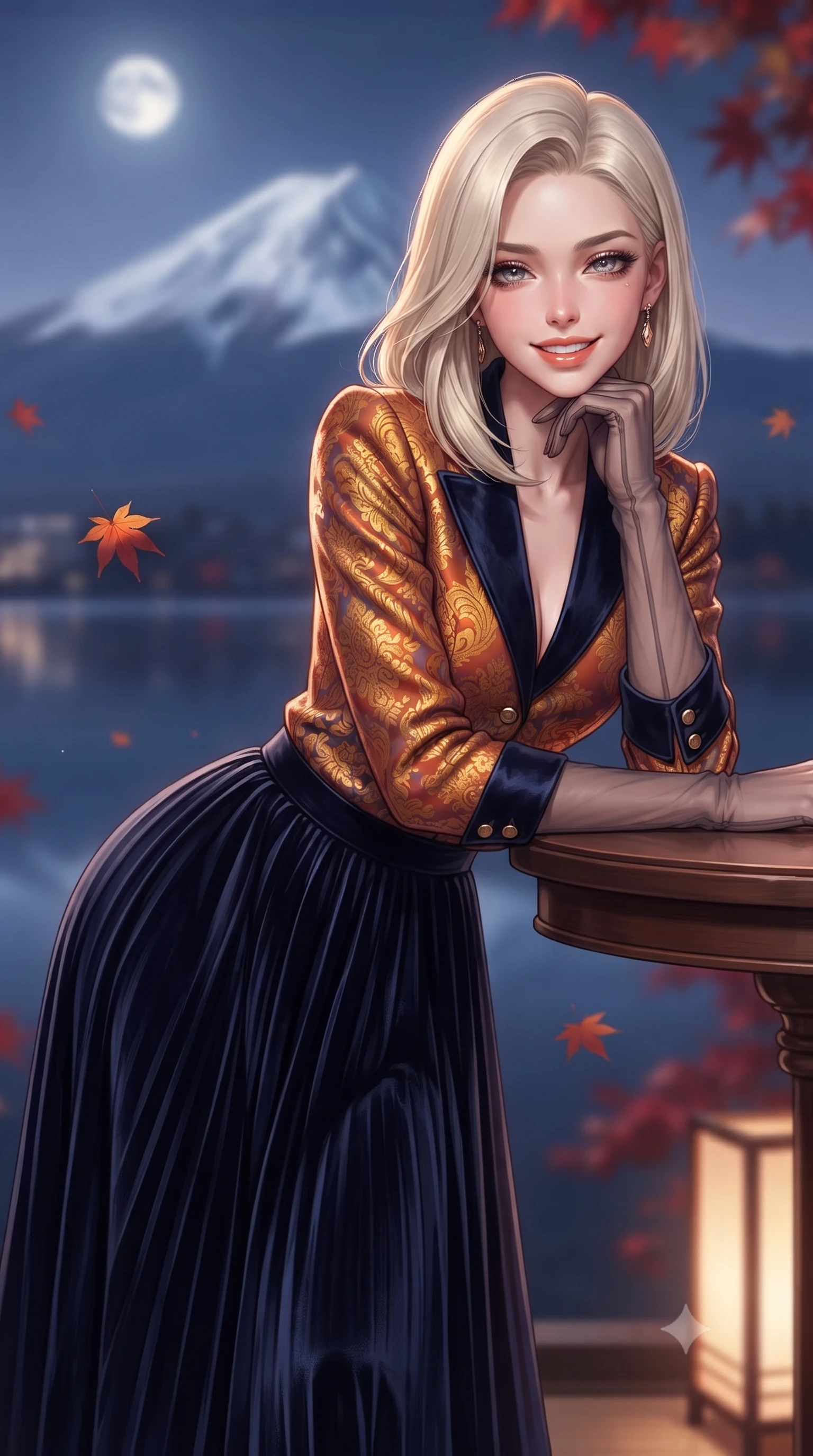 score_9, masterpiece, best quality, ultra-detailed, high-budget anime keyframe, editorial fashion photography, tasteful artistic composition, Caucasian woman. close-up cowboy shot from the waist and thighs up, the character dominates the composition, filling the frame with her large presence. resting one elbow on the table and supporting her chin, leaning close to the camera with heavy-lidded sparkling eyes and parted lips while twisting her slender torso in an alluring contrapposto stance beside floating Japanese maple leaves, mineral spring caustics tracing her flat midriff and curvy hips. The background shows a soft-focus majestic symmetrical silhouette of snow-capped Mount Fuji illuminated under the twilight moon, mirror lake reflections, and red autumn maples blurred into indigo, snow-white, and crimson bokeh. She has an exceptionally elegant, slender, and willowy female figure with an ultra-slim waist, flat toned midriff, narrow ribcage, and sculpted feminine hips creating an alluring, slim hourglass silhouette without bulk. sharp v-shaped jawline, high-bridge nose, intricate jewel-like sparkling eyes with depth, thick eyelashes, glossy parted lips with a natural peach sheen, bright cheerful beaming smile with an enchanting and coquettish sensual glint, exuding both youthful cute charm and seductive allure, flawlessly proportioned anatomical accuracy, strict slender model proportions, natural body alignment, perfectly sculpted long slender limbs, ultra-slim waistline, clean dynamic posture without body distortion. wearing a structured Seville damask brocade riding jacket paired with an A-line accordion pleated midi skirt in Seville orange blossom gold and midnight moorish indigo, tailored from ultra-plush silk velvet with rich tactile depth and deep shadow gradients, complemented by sheer opera-length evening gloves tracing her slender arms, the impeccably tailored cut draping gracefully along her slender figure with aristocratic poise. bathed in the warm 2500K glow of Japanese washi paper floor lanterns mixed with crisp silver moonlight on Mount Fuji's snows. ultra-reflective glossy finish, specular highlights, rich textural contrasts, high-contrast stereoscopic depth, volumetric dynamic lighting, 2k, ultra detail, master piece, 9:16 ratio