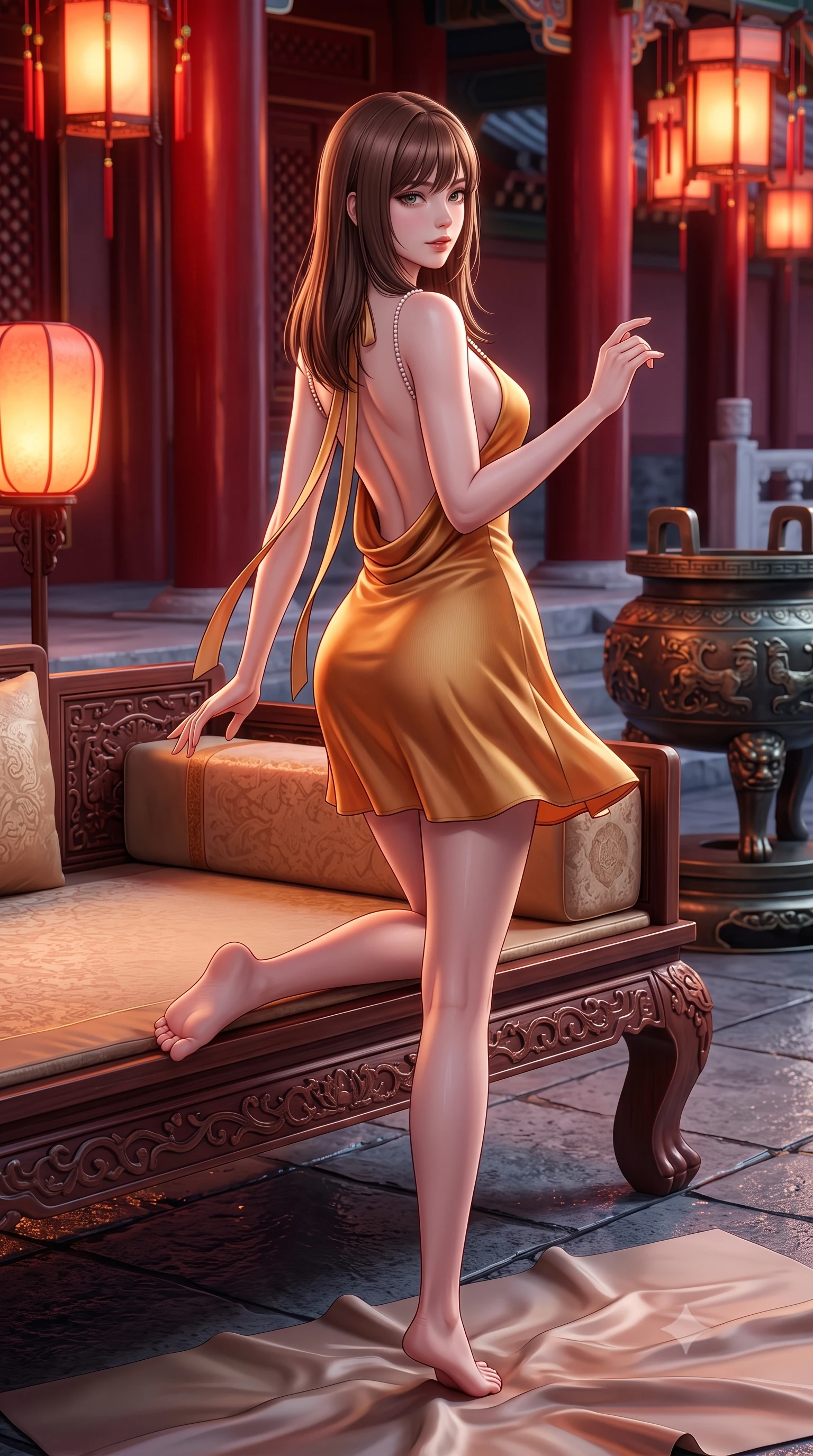 score_9, masterpiece, best quality, ultra-detailed, high-budget anime keyframe, semi-realistic 3D game render, editorial fashion photography, tasteful artistic composition, Korean woman. low angle full-body shot from head to toe showing her feet, filling the entire 9:16 vertical frame with her statuesque presence, stretching her vertical silhouette. executing a slow, graceful pivot turn as her skirt sways around her slender legs, glancing back with an enchanting, teasing sensual expression while lounging across a low royal daybed placed on the terrace, her flat midriff and long slender limbs commanding the festive courtyard. The surrounding environment is rendered in vivid detail and crisp panoramic clarity: sharp vermilion pillar lacquer reflections, stone flagstone seams, and bronze brazier relief in deep focus. She has an absolutely perfect, statuesque 8.5-heads proportion, an exceptionally tall and slender model-like female figure with impossibly long slender legs, an ultra-slim waist, a flat toned midriff, narrow delicate ribcage, and beautifully sculpted feminine hips creating a graceful, slim hourglass silhouette without any bulky heaviness. sharp v-shaped jawline, high-bridge nose, sparkling eyes with hypnotic seductive depth, thick curled eyelashes, glossy parted lips with a natural dewy peach sheen, alluring bedroom-eyes with an enchanting coquettish smile, exuding magnetic siren charisma and sophisticated glamour, flawlessly proportioned anatomical accuracy, strict slender model proportions, natural body alignment, perfectly sculpted long slender limbs, ultra-slim waistline, clean dynamic posture without body distortion. wearing a low-cut draped cowl-back satin slip mini dress with dainty pearl spaghetti straps in warm amber honey and antique gold leaf, tailored from fine ribbed modal knit with gentle elastic contouring and soft hand-feel, finished with long silk ribbon ties fluttering down her bare spine from a backless halter, the liquid-tight tailored fabric clinging flawlessly to her narrow waist and rounded feminine hips, emphasizing every millimeter of her sculpted slim hourglass curves without any bulky heaviness. bathed in the warm crimson-and-amber glow of ceremonial palace lanterns. highly saturated vibrant anime colors, detailed shading with soft gradients, rich glossy textures, high-contrast stereoscopic depth, volumetric dynamic lighting, master piece, 9:16 ratio