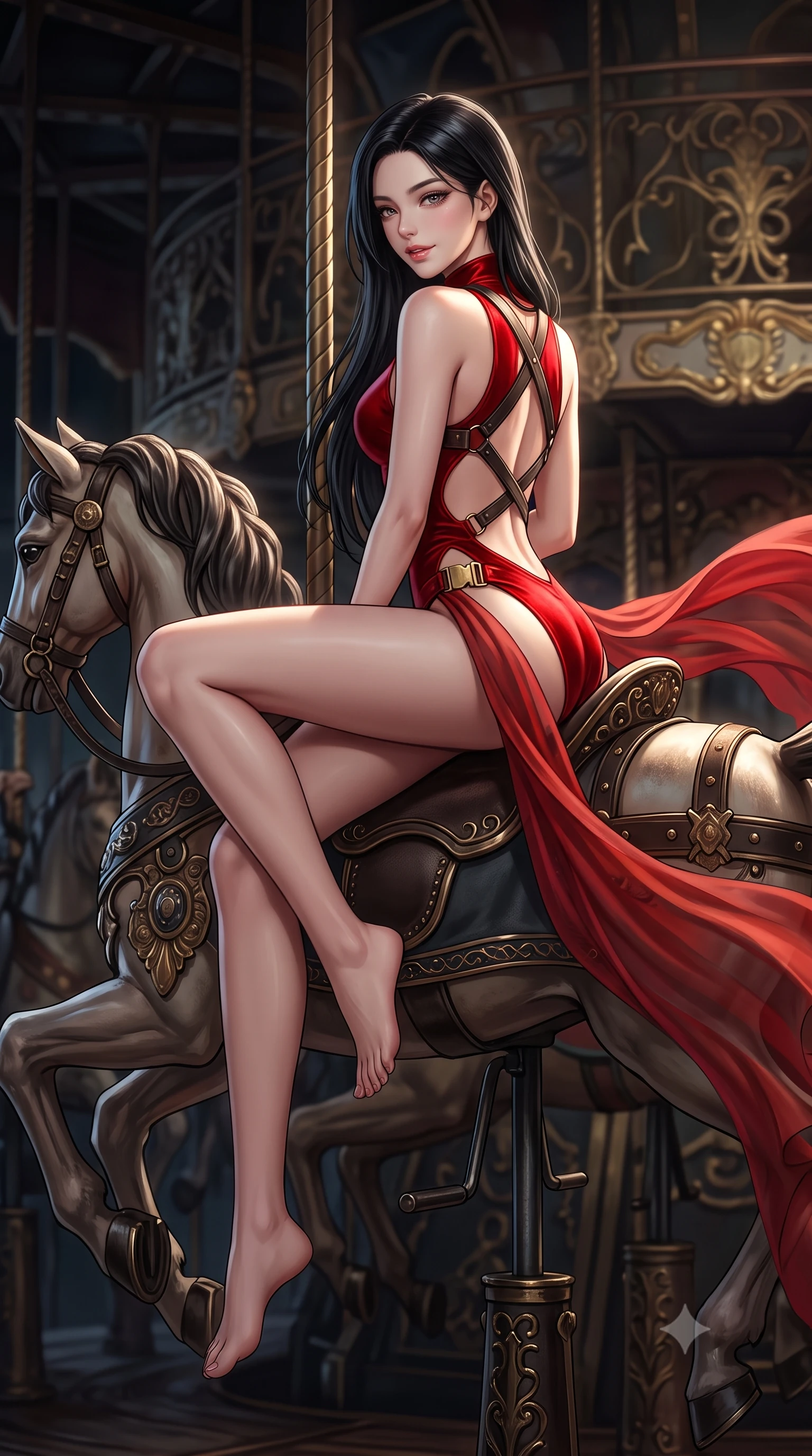score_9, masterpiece, best quality, ultra-detailed, high-budget anime keyframe, semi-realistic 3D game render, editorial fashion photography, tasteful artistic composition, Korean woman. low angle full-body shot from head to toe showing her feet, filling the entire 9:16 vertical frame with her statuesque presence, stretching her vertical silhouette. sitting perched on the elevated edge with hips angled toward the camera and legs crossed, displaying her toned midriff and flawlessly sculpted slender limbs while perching sideways on the saddle of an antique carousel horse, looking back over a bare shoulder with an intoxicating, teasing smile. The surrounding environment is rendered in vivid detail and crisp panoramic clarity. intense theatrical chiaroscuro and decadent dark carnival aesthetics rendered with precision. She has an absolutely perfect, statuesque 8.5-heads proportion, an exceptionally tall and slender model-like female figure with impossibly long slender legs, a toned flat midriff, an ultra-slim waist, and beautifully sculpted feminine hips. sharp v-shaped jawline, high-bridge nose, intricate jewel-like eyes with depth, thick eyelashes, glossy parted lips with a natural sheen, intensely captivating and seductive bedroom-eyes expression, flawlessly proportioned anatomical accuracy, strict slender model proportions, natural body alignment, perfectly sculpted long slender limbs, ultra-slim waistline, clean dynamic posture without body distortion. wearing a high-collar velvet speedsuit featuring bold side cutouts and quick-release brass buckles in blazing scarlet red and polished brass, woven from layered gossamer chiffon with a weightless sweeping drape, accented with criss-cross back harness straps in dark leather framing her bare spine, the precision-cut side openings and low-back scoop framing her graceful spine and the sensual sweep of her hips. illuminated by crisp directional rim lighting sharply carving her razor-sharp jawline, narrow waist, and curvy hips. highly saturated vibrant anime colors, detailed shading with soft gradients, rich glossy textures, high-contrast stereoscopic depth, volumetric dynamic lighting, master piece, 9:16 ratio