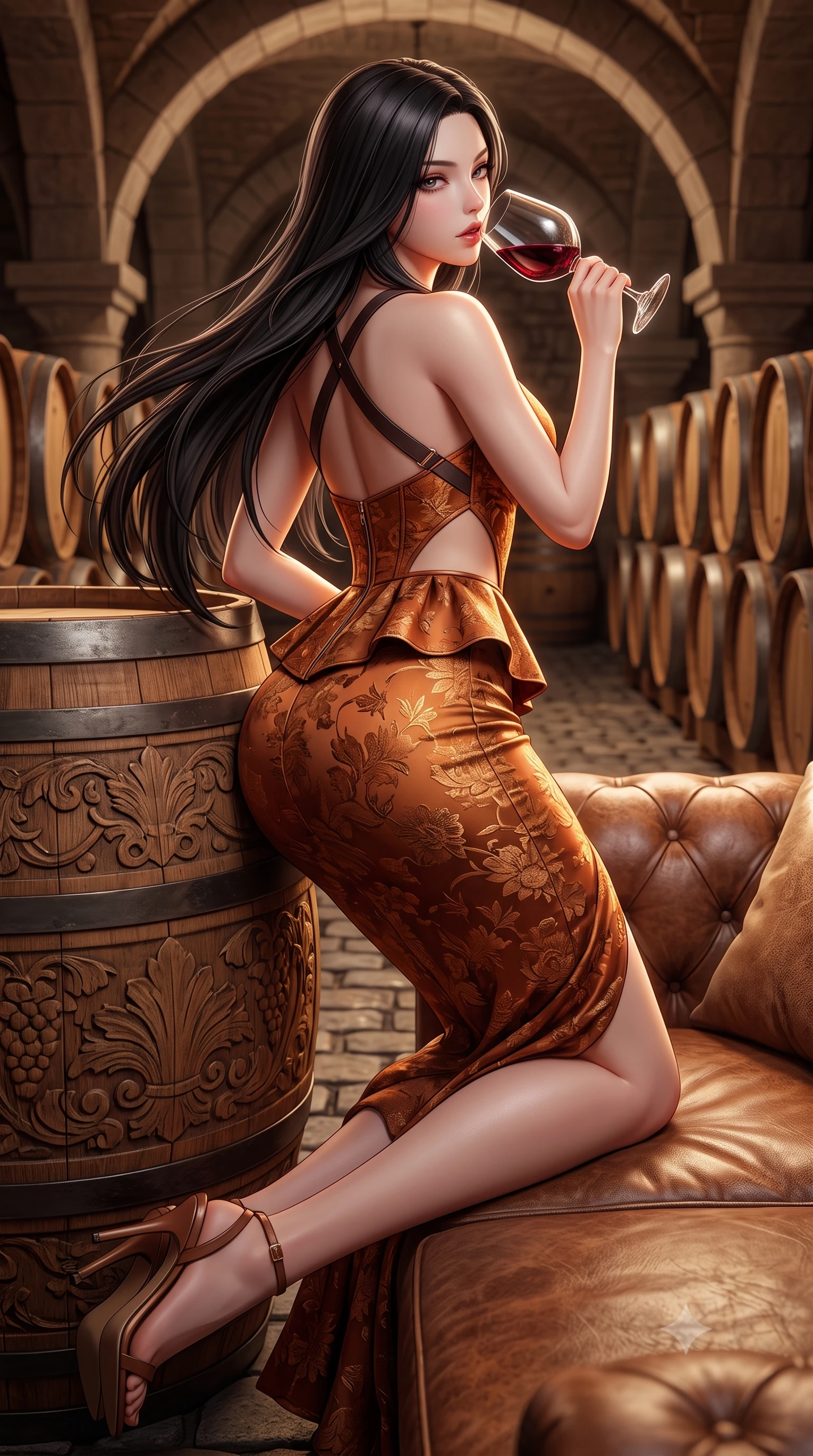 score_9, masterpiece, best quality, ultra-detailed, high-budget anime keyframe, semi-realistic 3D game render, editorial fashion photography, tasteful artistic composition, Korean woman. low angle full-body shot from head to toe showing her feet, filling the entire 9:16 vertical frame with her statuesque presence, stretching her vertical silhouette. reclining on her side in an elegant Cleopatra pose with one knee drawn up, the dramatic contour of her rounded hips and long slender legs commanding the 9:16 vertical frame while resting one hip against a massive carved oak wine barrel with lower back arched, raising a crystal goblet of deep red wine to her parted glossy lips while looking over her shoulder. The surrounding environment is rendered in vivid detail and crisp panoramic clarity. rich high-contrast French château chiaroscuro and decadent underground winery aesthetics rendered with precision. She has an absolutely perfect, statuesque 8.5-heads proportion, an exceptionally tall and slender model-like female figure with impossibly long slender legs, a toned flat midriff, an ultra-slim waist, and beautifully sculpted feminine hips. sharp v-shaped jawline, high-bridge nose, intricate jewel-like eyes with depth, thick eyelashes, glossy parted lips with a natural sheen, intensely captivating and seductive bedroom-eyes expression, flawlessly proportioned anatomical accuracy, strict slender model proportions, natural body alignment, perfectly sculpted long slender limbs, ultra-slim waistline, clean dynamic posture without body distortion. wearing a modern peplum corset dress with side-waist diamond cutouts and an ultra-tight silhouette in aged tawny port amber and molten copper, made of rich textured floral silk jacquard with subtle gold thread, featuring an open-back criss-cross harness strap in dark leather, the second-skin form-contouring cut accentuating her sculpted flat midriff, narrow waistline, and dramatically curvy hips without adding bulk. illuminated by rich specular rim lights defining her razor-sharp jawline, narrow waist, and curvy hips. highly saturated vibrant anime colors, detailed shading with soft gradients, rich glossy textures, high-contrast stereoscopic depth, volumetric dynamic lighting, master piece, 9:16 ratio