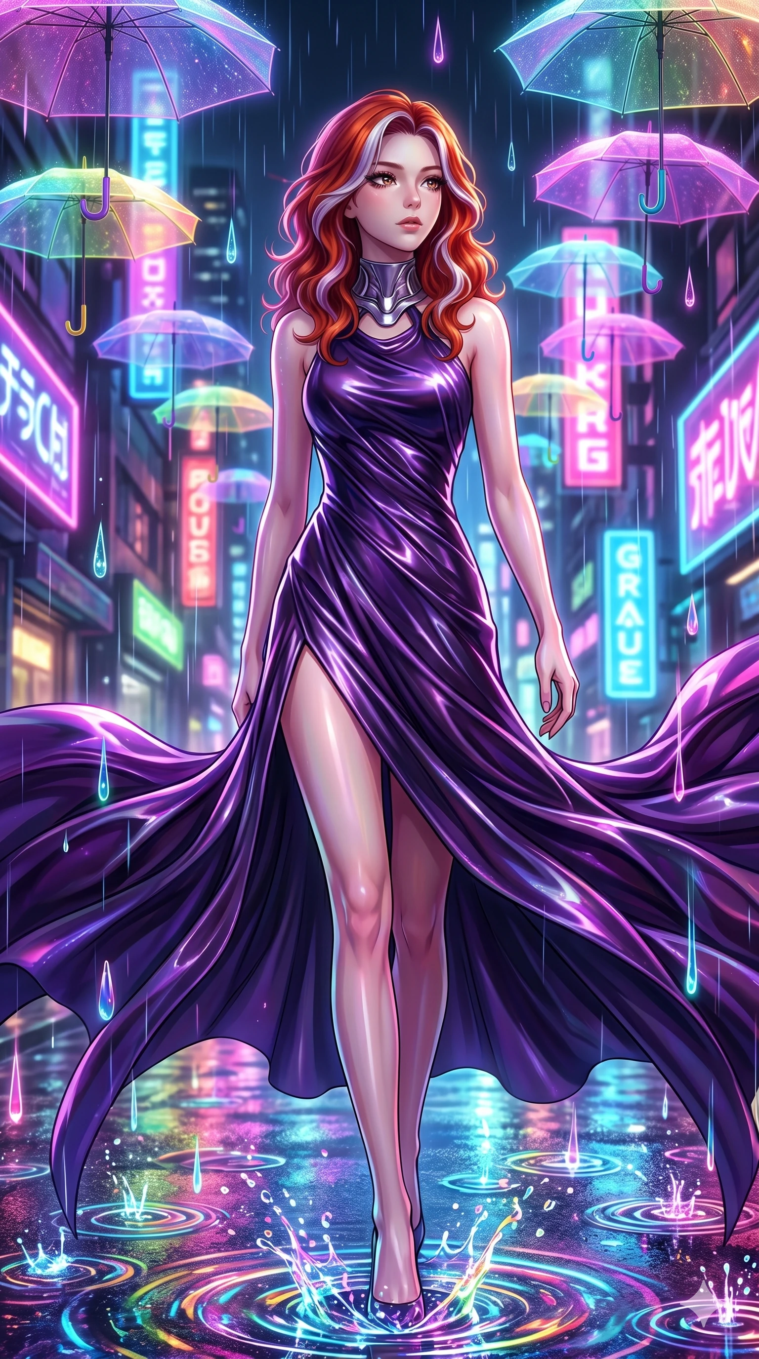 score_9, masterpiece, best quality, ultra-detailed, high-budget anime keyframe, Japanese woman. upper body close-up from the thighs up, character filling the screen for maximum presence. navigating a wet neon-lit future street under colorful floating umbrellas as translucent neon raindrops fall, creating brilliant splash ripples. She has an absolutely perfect 8-heads proportion, an exceptionally tall and slender female figure with impossibly long slender legs and an ultra-slim waist. V-shaped jawline, high-bridge nose, intricate jewel-like eyes with depth, thick eyelashes, glossy lips with a natural sheen.. wearing a gothic liquid silk gown, featuring a deep purple liquid silk maxi gown draped around her, secured by a metallic choker collar, with a high side slit. bathed in brilliant cinematic volumetric lighting and intense neon rim light highlighting her slender form. 2k, ultra detail, master piece, 9:16 ratio