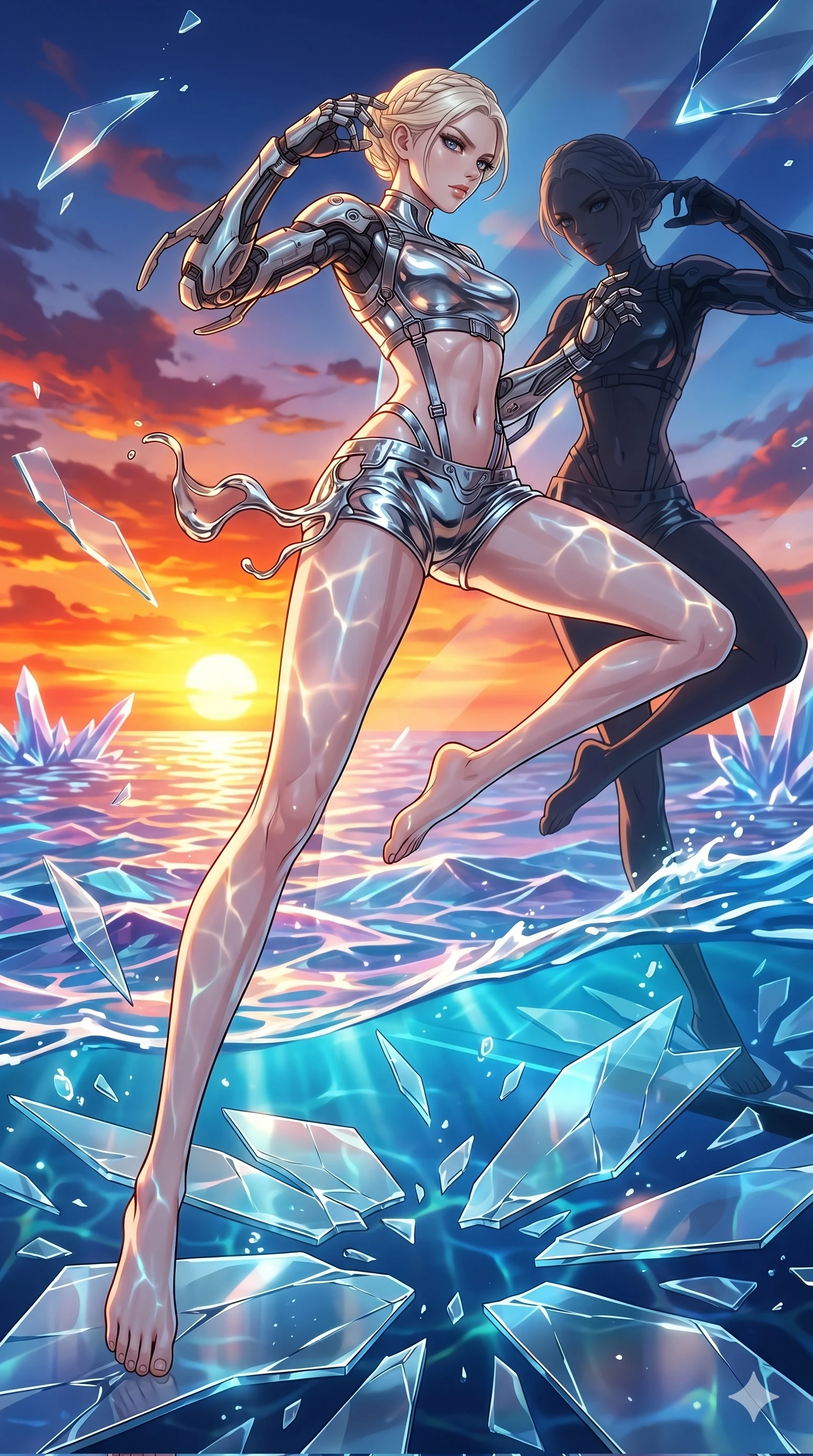 score_9, masterpiece, best quality, ultra-detailed, High-budget Anime Keyframe, vibrant colors, fluid line-art, expressive lighting, cinematic composition, Ufotable-style visual effects, top-tier animation quality, Caucasian woman with pale skin, blonde hair, and (strictly human ears). Cinematic low angle perspective showcasing her towering height and perfect 8-heads proportion. Engaging in a fierce duel with a shadowy mirror version of herself on a platform of floating glass shards. She has an absolutely perfect 8-heads proportion, an exceptionally tall and slender female figure with impossibly long slender legs and an ultra-slim waist, her statuesque height and towering silhouette dominating the vertical 9:16 frame. Her face is a masterpiece featuring a sharp v-shaped jawline, high-bridge nose, intricate jewel-like eyes with depth, thick eyelashes, and glossy lips with a natural sheen. She is wearing a Cyber-augmented streetwear featuring mechanical arm parts and a micro-shorts/harness combo crafted from Molten liquid mercury that flows and reflects the environment with metallic perfection, with an exposed midriff and a complex harness system that draws the eye. The scene is set in a vibrant sunset over a futuristic crystalline ocean with waves made of liquid light, illuminated by underwater caustic lighting with ripples of light dancing across her body. 2k, ultra detail, master piece, 9:16 ratio