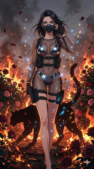 score_9, masterpiece, best quality, ultra-detailed, Set A: High-budget Anime Keyframe, Caucasian (strictly human ears) woman. Low angle cowboy shot filling the entire 9:16 frame with her statuesque presence. Adjusting a mask through a burning rose ga