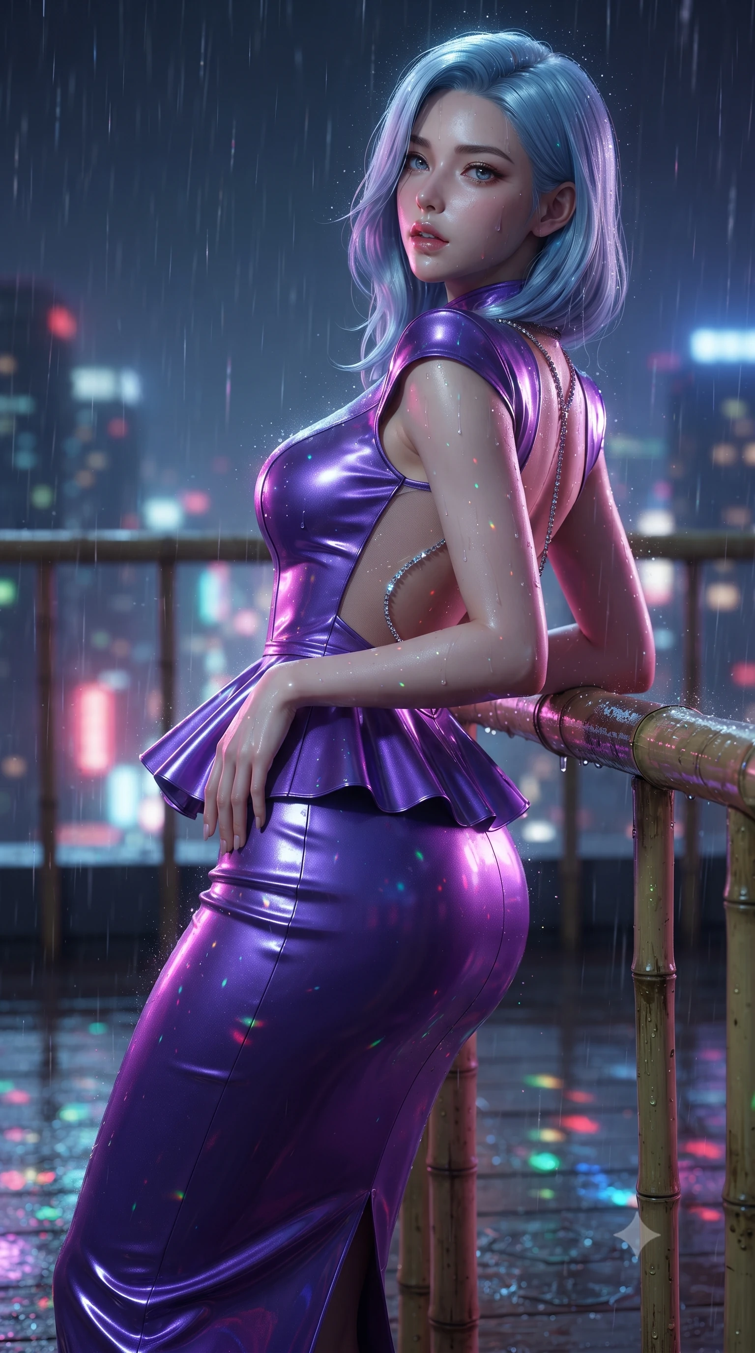 score_9, masterpiece, best quality, ultra-detailed, high-budget anime keyframe, editorial fashion photography, tasteful artistic composition, Korean woman. close-up cowboy shot from the waist and thighs up, the character dominates the composition, filling the frame with her large presence. resting one manicured hand delicately on her hip bone, her upper body turning in a fluid, seductive S-curve while parted lips glisten in the light while leaning deep against a rain-slicked rooftop bamboo railing with hips cocked back, looking over her shoulder as neon reflections wash over her curvy silhouette. The composition keeps background elements in soft focus with creamy bokeh. falling raindrops and neon puddle reflections scattering vivid chromatic light motes across the deck. She has an exceptionally elegant, slender, and willowy female figure with an ultra-slim waist, a gracefully sculpted slender torso, toned flat midriff, and rounded feminine hips creating an alluring hourglass silhouette. sharp v-shaped jawline, high-bridge nose, intricate jewel-like eyes with depth, thick eyelashes, glossy parted lips with a natural sheen, intensely captivating and seductive bedroom-eyes expression, flawlessly proportioned anatomical accuracy, strict slender model proportions, natural body alignment, perfectly sculpted long slender limbs, ultra-slim waistline, clean dynamic posture without body distortion. wearing a structural geometric peplum cheongsam with sheer side-ribbon cutouts and form-fitting skirt in toxic ultraviolet purple and chrome silver, crafted from supple second-skin lambskin leather with liquid drape, accented with a glittering dragon back chain tracing her bare spine down to her hip line, the form-contouring material adhering flawlessly to her sculpted flat midriff and slender torso, emphasizing her long leg lines and perfectly proportioned willowy build. surrounded by an enigmatic, sultry, and breathtakingly hypnotic cyber-femme fatale aura. ultra-reflective glossy finish, specular highlights, rich textural contrasts, high-contrast stereoscopic depth, volumetric dynamic lighting, 2k, ultra detail, master piece, 9:16 ratio