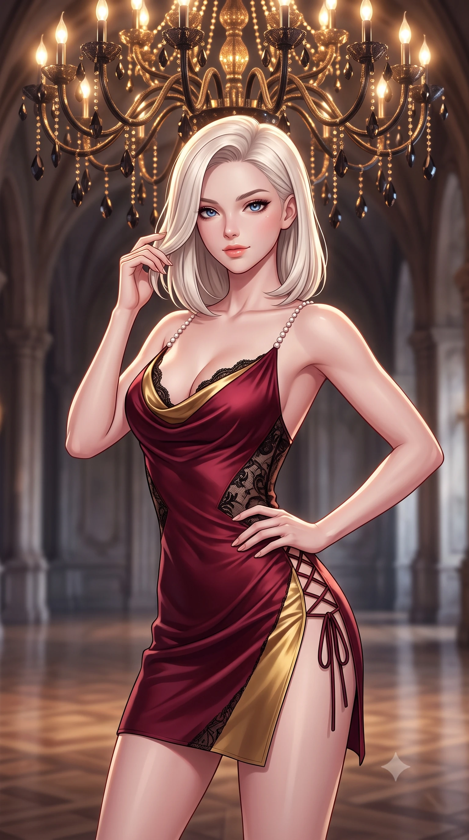 score_9, masterpiece, best quality, ultra-detailed, high-budget anime keyframe, semi-realistic 3D game render, editorial fashion photography, tasteful artistic composition, Caucasian woman. close-up cowboy shot from the waist and thighs up, the character dominates the composition, filling the frame with her large presence. twisting her slender torso in an alluring contrapposto stance, one hand resting on her sculpted hip while her fingers toy with her hair with effortless poise while standing poised in the center of the vast deserted ballroom under a colossal black-crystal chandelier, arching her back with supreme elegance. The background shows a soft-focus polished ballroom floor reflections softened in opulent gothic shallow focus. She has an exceptionally elegant, slender, and willowy female figure with an ultra-slim waist, flat toned midriff, narrow ribcage, and sculpted feminine hips creating an alluring, slim hourglass silhouette without bulk. sharp v-shaped jawline, high-bridge nose, sparkling eyes with hypnotic seductive depth, thick curled eyelashes, glossy parted lips with a natural dewy peach sheen, alluring bedroom-eyes with an enchanting coquettish smile, exuding magnetic siren charisma and sophisticated glamour, flawlessly proportioned anatomical accuracy, strict slender model proportions, natural body alignment, perfectly sculpted long slender limbs, ultra-slim waistline, clean dynamic posture without body distortion. wearing a low-cut draped cowl-back satin slip mini dress with dainty pearl spaghetti straps and hip-hugging silhouette in smoldering bordeaux wine and liquid gold with black chantilly lace, tailored from fine structural neoprene with crisp architectural edges and smooth contouring, finished with fine criss-cross lace-up side ties revealing tantalizing glimpses of her hip curve, the high-slit wrap tailoring accentuating her ultra-slim waistline and the enchanting curve of her feminine hips with alluring seductive charm. bathed in the glittering amber-and-gold brilliance of black-crystal chandelier candle bulbs. highly saturated vibrant anime colors, detailed shading with soft gradients, rich glossy textures, high-contrast stereoscopic depth, volumetric dynamic lighting, master piece, 9:16 ratio