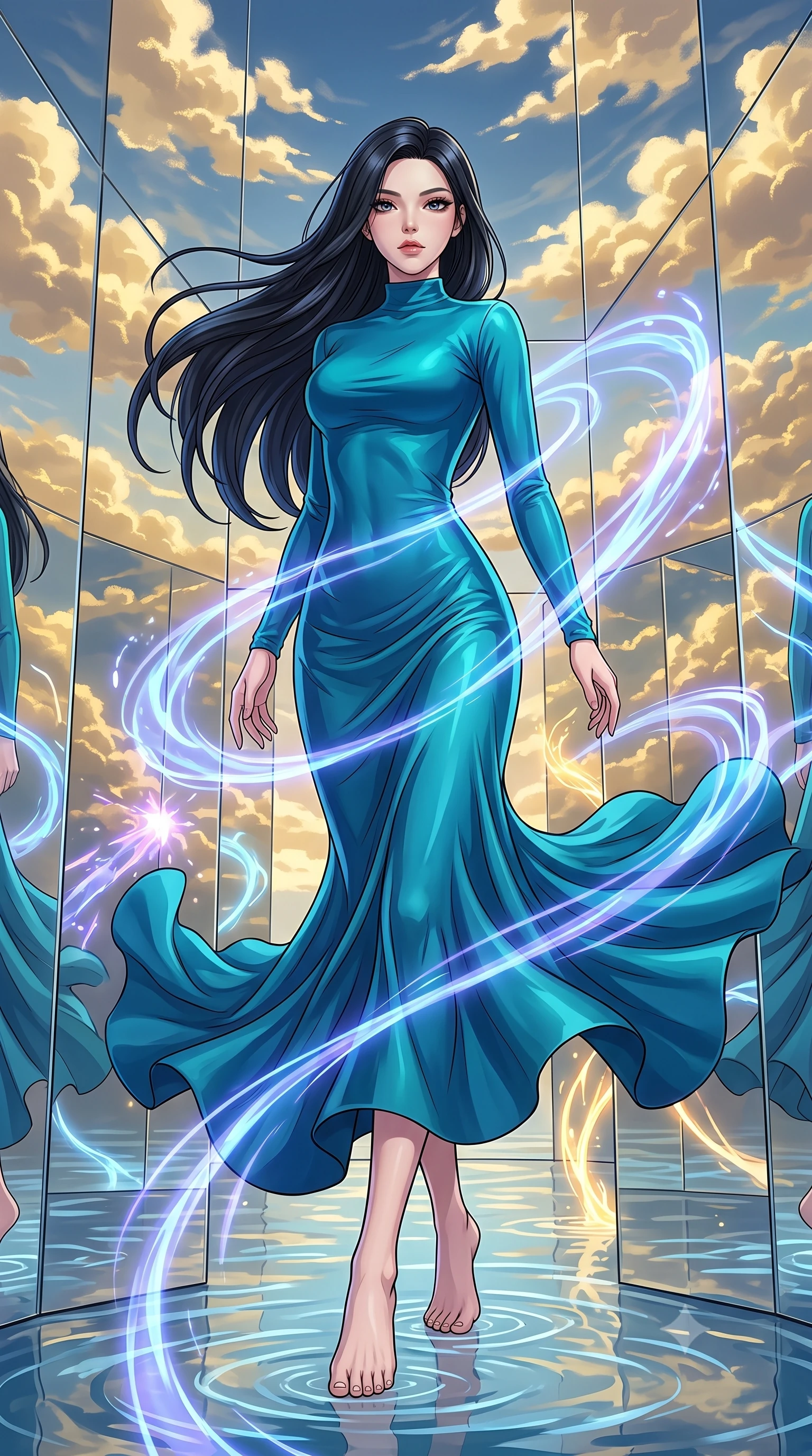 score_9, masterpiece, best quality, ultra-detailed, high-budget anime keyframe, clean line-art, cel-shading, Korean woman. low angle full-body shot from head to toe showing her feet, filling the entire 9:16 vertical frame with her statuesque presence, stretching her vertical silhouette. weaving gracefully through a barrage of glowing obstacles in a blur of motion inside a hall where the floor is water and walls are mirrors, reflecting a sky filled with gold-threaded clouds. She has a statuesque 8.5-heads proportion, an exceptionally tall, slender and willowy model-like build with impossibly long legs and a highly sculpted ultra-slim waist. sharp v-shaped jawline, high-bridge nose, intricate jewel-like eyes with depth, thick eyelashes, glossy lips with a natural sheen. wearing the lightweight fabric rippling and billowing dramatically with her movement, a body-hugging figure-hugging mock-turtleneck gown in a shifting peacock-blue silk fabric, hugging her slender figure from neck to ankle. cool ethereal blue-violet bioluminescent glow wrapping around her from all sides. highly saturated vibrant anime colors, intense vivid color palette, volumetric dynamic lighting, 2k, ultra detail, master piece, 9:16 ratio
