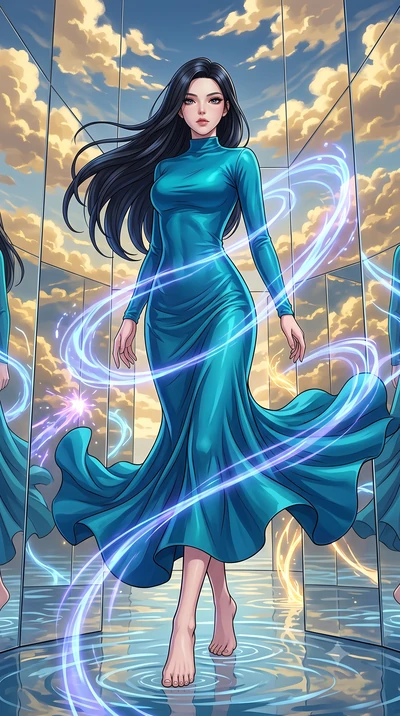 score_9, masterpiece, best quality, ultra-detailed, high-budget anime keyframe, clean line-art, cel-shading, Korean woman. low angle full-body shot from head to toe showing her feet, filling the entire 9:16 vertical frame with her statuesque presence