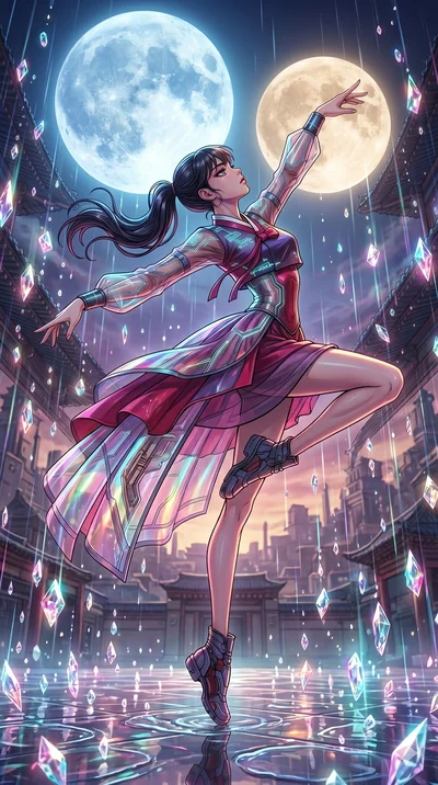 score_9, masterpiece, best quality, ultra-detailed, high-budget anime movie keyframe, cinematic anime lighting, intricate line art, Japanese woman. Dynamic full-body shot stretching the vertical silhouette with extreme perspective. dancing in a rain 