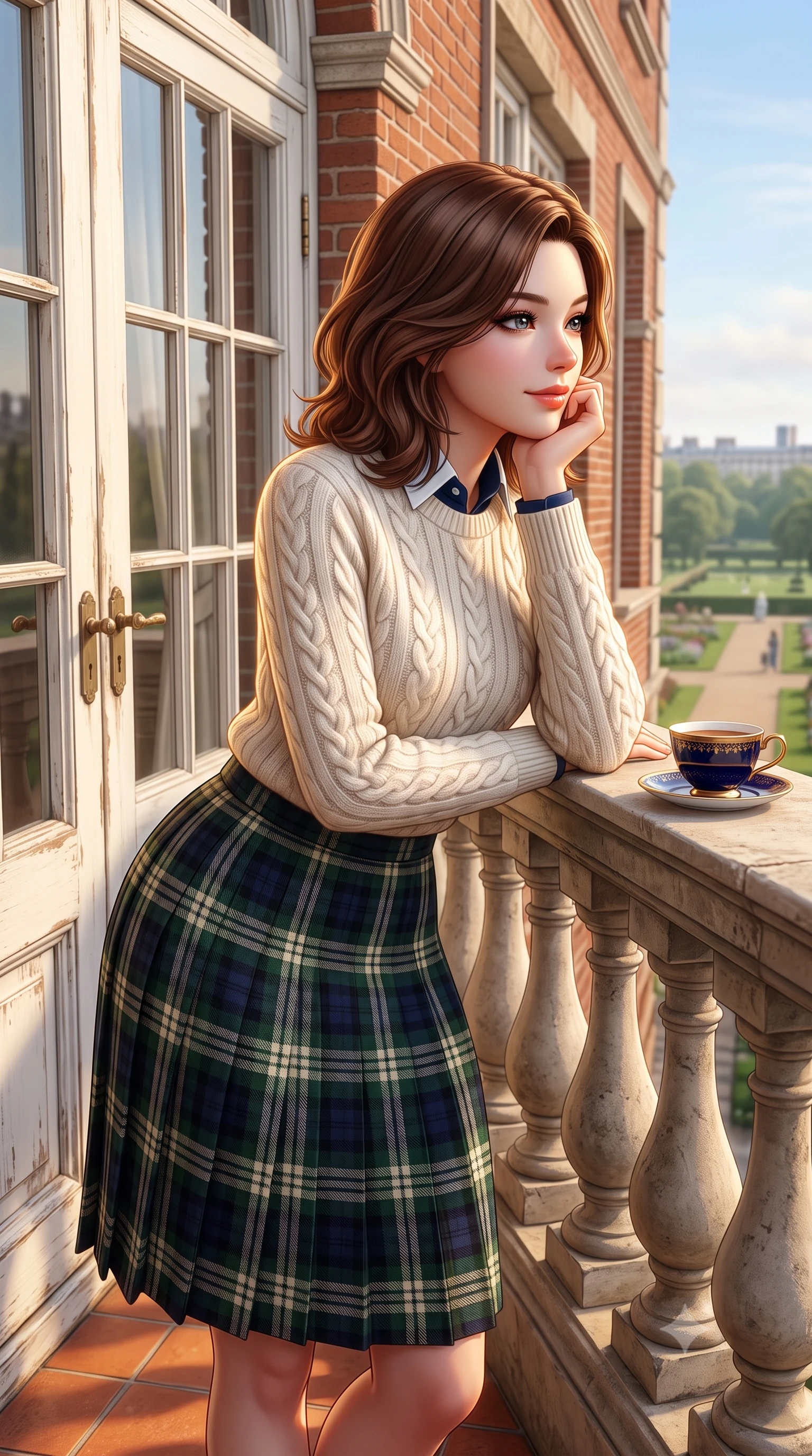 score_9, masterpiece, best quality, ultra-detailed, high-budget anime keyframe, semi-realistic 3D game render, editorial fashion photography, tasteful artistic composition, Korean woman. close-up cowboy shot from the waist and thighs up, the character dominates the composition, filling the frame with her large presence. resting one elbow on the stone balustrade, chin poised lightly on her hand with intelligent, charming warmth while leaning against the ornate French double doors looking out toward Kensington Gardens with a serene, captivating expression. The surrounding environment is rendered in vivid detail and crisp panoramic clarity: sharp red-brick masonry relief, delicate white painted window mullions, and fine porcelain teacup glaze in deep focus. She has an exceptionally elegant, slender, and willowy female figure with an ultra-slim waist, flat toned midriff, narrow ribcage, and sculpted feminine hips creating an alluring, slim hourglass silhouette without bulk. sharp v-shaped jawline, high-bridge nose, intricate jewel-like sparkling eyes with depth, thick eyelashes, glossy parted lips with a natural peach sheen, bright cheerful beaming smile with an enchanting and coquettish sensual glint, exuding both youthful cute charm and seductive allure, flawlessly proportioned anatomical accuracy, strict slender model proportions, natural body alignment, perfectly sculpted long slender limbs, ultra-slim waistline, clean dynamic posture without body distortion. wearing an ivory cable-knit fisherman sweater paired with a pleated wool tartan midi skirt and a crisp collared poplin shirt in French navy blue and crisp alabaster white, woven from fine Australian merino wool with a smooth fluid drape and subtle sheen, finished with fine mother-of-pearl cuff buttons catching the soft ambient light, the expertly draped wool fabric falling in crisp fluid lines along her tall 8.5-heads silhouette, celebrating her slender frame without excess fabric bulk. illuminated by terracotta floor reflection fill and warm golden rim lights defining her delicate collar and willowy silhouette. highly saturated vibrant anime colors, detailed shading with soft gradients, rich glossy textures, high-contrast stereoscopic depth, volumetric dynamic lighting, master piece, 9:16 ratio