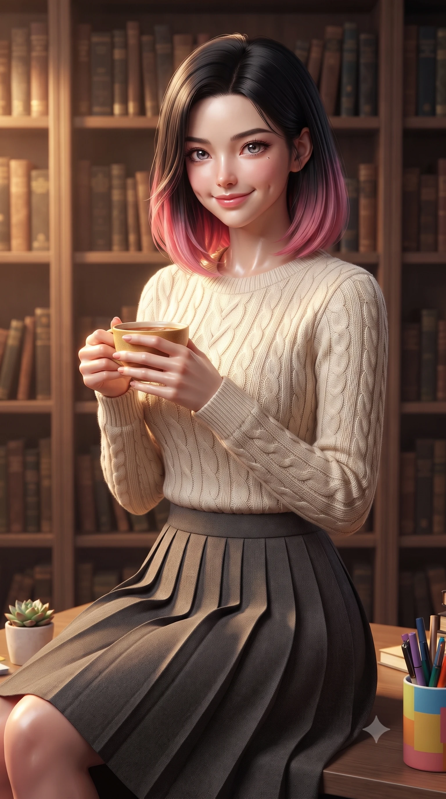 score_9, masterpiece, best quality, ultra-detailed, high-budget anime keyframe, editorial fashion photography, tasteful artistic composition, Korean woman. close-up cowboy shot from the waist and thighs up, the character dominates the composition, filling the frame with her large presence, background elements kept in soft focus. smiling with soft, cute dimples, holding a warm cup of tea with both hands set against a soft-focus background of in a quiet library study alcove surrounded by tall oak bookshelves filled with old books with a tiny succulent pot and a colorful cup of pens on the desk. She has an exceptionally elegant, slender, and willowy female figure with an ultra-slim waist, a gracefully sculpted slender torso, and a refined silhouette. sharp v-shaped jawline, high-bridge nose, intricate jewel-like eyes with depth, thick eyelashes, glossy lips with a natural sheen. wearing form-contouring preppy cable-knit sweater in cream, paired with a pleated midi skirt in charcoal. cozy golden hour sunset light illuminating the dusty bookshelves with a warm glow. ultra-reflective glossy finish, specular highlights, metallic sheen, high-contrast stereoscopic depth, volumetric dynamic lighting, 2k, ultra detail, master piece, 9:16 ratio
