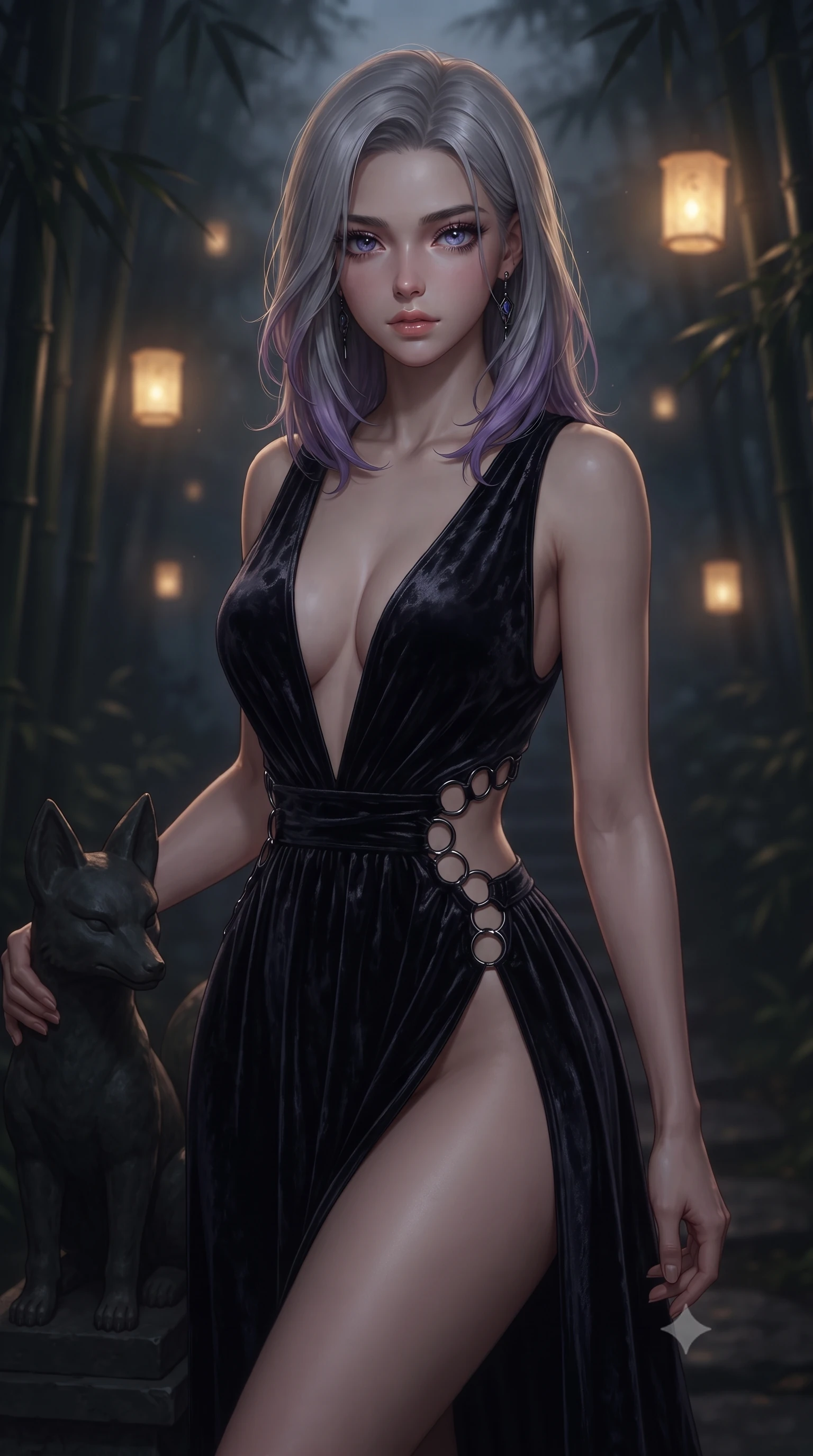 score_9, masterpiece, best quality, ultra-detailed, high-budget anime keyframe, editorial fashion photography, tasteful artistic composition, Caucasian woman. close-up cowboy shot from the waist and thighs up, the character dominates the composition, filling the frame with her large presence, background elements kept in soft focus. Casting a slow, direct gaze beneath heavy lashes with quiet intensity, resting near a dark stone fox statue illuminated by floating spirit lanterns, shadowy bamboo stalks framing the dark path in soft focus. She has an exceptionally elegant, slender, and willowy female figure with an ultra-slim waist, a gracefully sculpted slender torso, and a refined silhouette. sharp v-shaped jawline, high-bridge nose, intricate jewel-like eyes with depth, thick eyelashes, glossy lips with a natural sheen. wearing deep plunging V-neckline midnight gown with daring high thigh slit in pitch-black onyx, made of crushed dark silk velvet, trimmed with dark chrome ring hardware along the waist contours, contouring every curve with an exceptionally elegant silhouette. lit by dim golden key light piercing through heavy midnight fog. ultra-reflective glossy finish, specular highlights, metallic sheen, high-contrast stereoscopic depth, volumetric dynamic lighting, 2k, ultra detail, master piece, 9:16 ratio