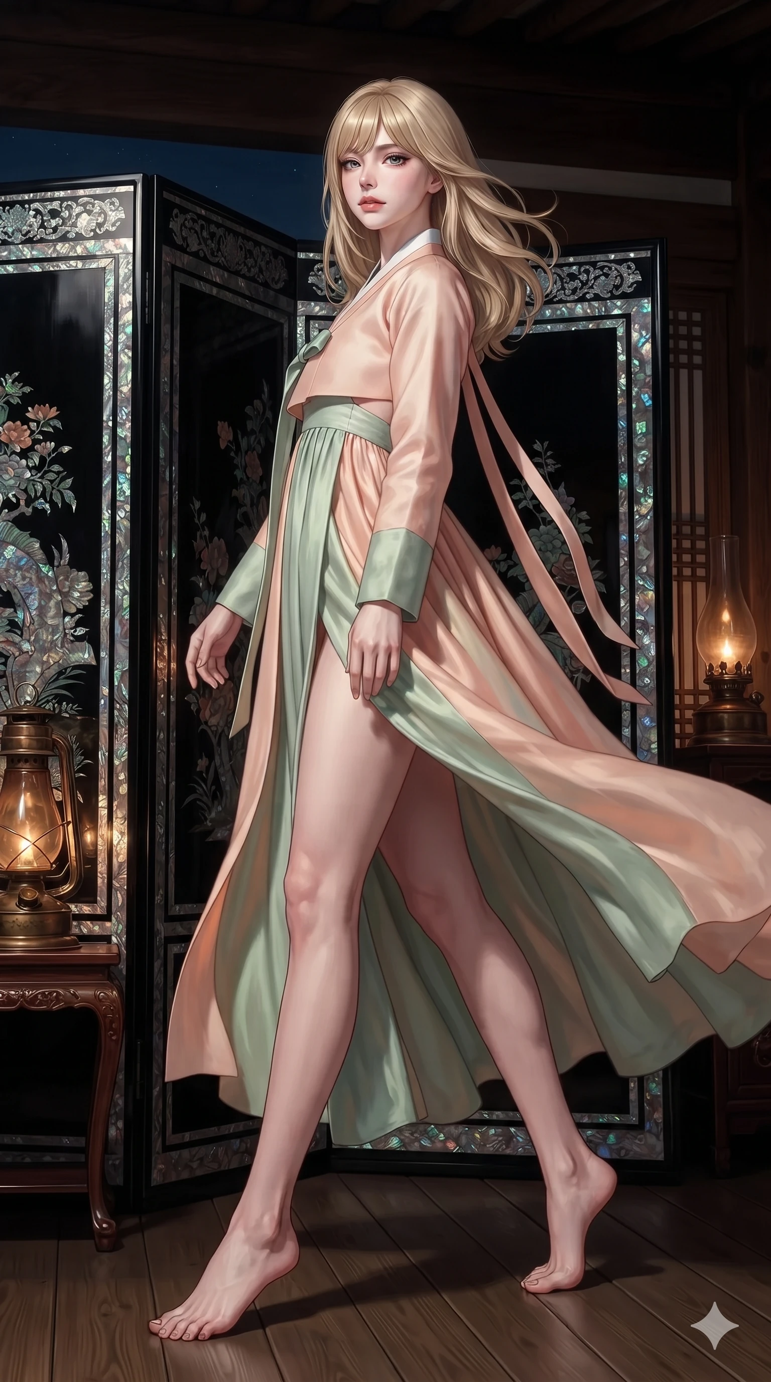 score_9, masterpiece, best quality, ultra-detailed, high-budget anime keyframe, editorial fashion photography, tasteful artistic composition, Japanese woman. low angle full-body shot from head to toe showing her feet, filling the entire 9:16 vertical frame with her statuesque presence, stretching her vertical silhouette. striding across the moonlit timber deck as nocturnal breezes whip her garments open, accentuating her long slender legs and curvy hips while standing poised beside the iridescent najeonchilgi folding screen, casting a sovereign, seductive bedroom-gaze toward the viewer. The surrounding environment is rendered in vivid detail and crisp panoramic clarity: sharp iridescent abalone shell inlay edges, deep mirror-like black lacquer gloss, and bronze oil lamp patina in deep focus. She has an absolutely perfect, statuesque 8.5-heads proportion, an exceptionally tall and slender model-like female figure with impossibly long slender legs, an ultra-slim waist, a flat toned midriff, narrow delicate ribcage, and beautifully sculpted feminine hips creating a graceful, slim hourglass silhouette without any bulky heaviness. sharp v-shaped jawline, high-bridge nose, sparkling eyes with hypnotic seductive depth, thick curled eyelashes, glossy parted lips with a natural dewy peach sheen, alluring bedroom-eyes with an enchanting coquettish smile, exuding magnetic siren charisma and sophisticated glamour, flawlessly proportioned anatomical accuracy, strict slender model proportions, natural body alignment, perfectly sculpted long slender limbs, ultra-slim waistline, clean dynamic posture without body distortion. wearing a tailored silk faille evening gown with traditional curved dongjeong collar and tailored sleeves in pastel peach blossom and celadon porcelain blue, tailored from heavy double-faced silk faille with an exceptionally fluid drape, finished with long silk ribbon ties fluttering down her bare spine from a backless halter, the impeccably tailored cut draping gracefully along her slender figure with aristocratic eastern poise. bathed in soft moody amber chiaroscuro lighting spilling from ornate bronze oil lamps. ultra-reflective glossy finish, specular highlights, rich textural contrasts, high-contrast stereoscopic depth, volumetric dynamic lighting, 2k, ultra detail, master piece, 9:16 ratio