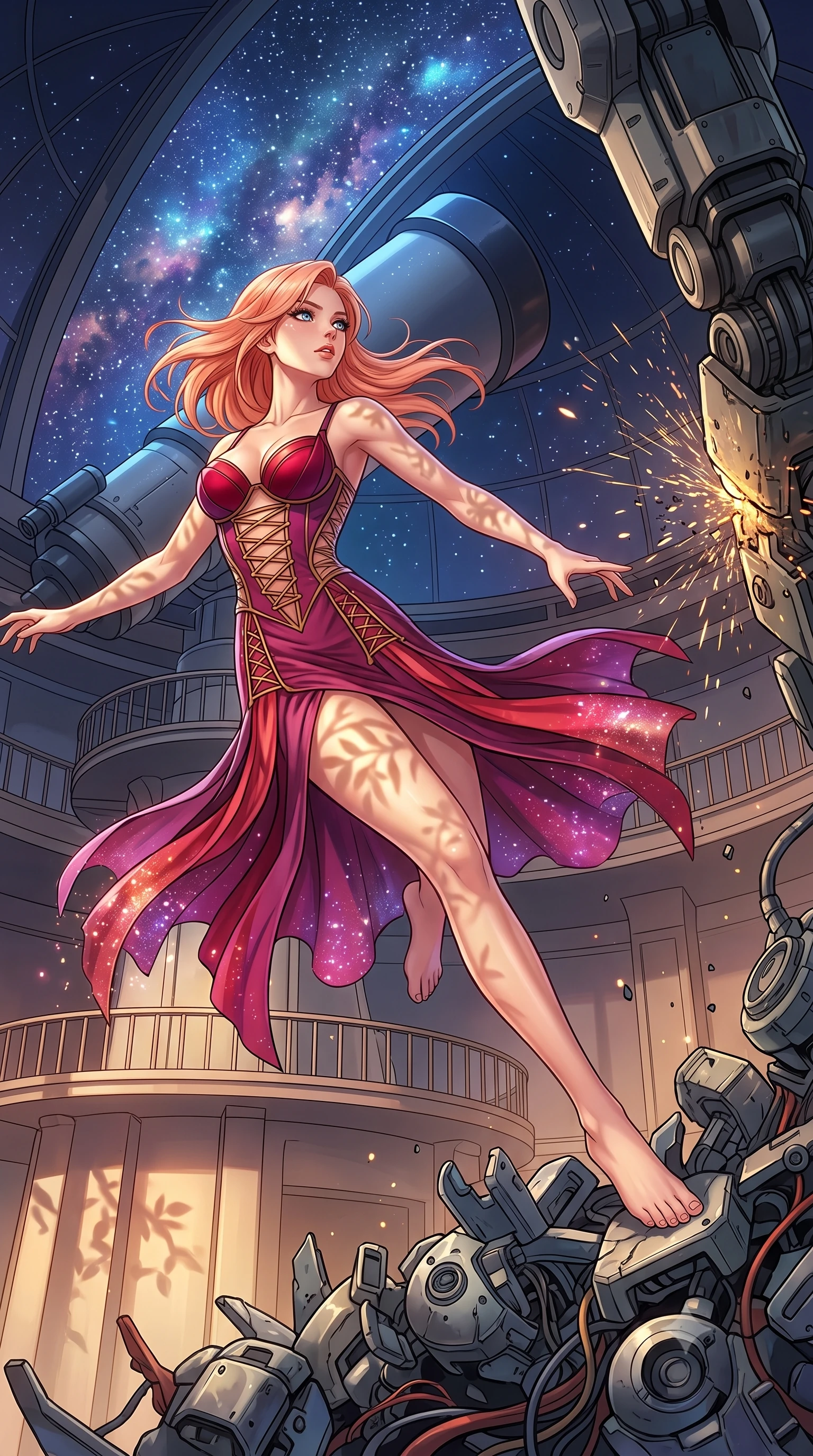 score_9, masterpiece, best quality, ultra-detailed, high-budget anime keyframe, editorial fashion photography, tasteful artistic composition, Japanese woman. low angle full-body shot from head to toe showing her feet, filling the entire 9:16 vertical frame with her statuesque presence, stretching her vertical silhouette. acrobatically dodging a heavy mech's swipe by vaulting off a pile of cybernetic debris through a high balcony looking up at a giant telescope dome, stars and nebulae projected on the sky canopy. She has a statuesque 8.5-heads proportion, an exceptionally tall, slender and willowy model-like build with impossibly long legs and a highly sculpted ultra-slim waist. sharp v-shaped jawline, high-bridge nose, intricate jewel-like eyes with depth, thick eyelashes, glossy lips with a natural sheen. wearing catching and diffusing the glowing particles, shimmering softly in response to the surrounding light, a slim-fit deconstructed corset dress in deep magenta with exposed gold lacing and structured crimson cups. highly saturated vibrant anime colors, intense vivid color palette, soft 3D volumetric shading, volumetric dynamic lighting, warm golden afternoon sunbeams casting soft organic leaf shadows across her skin. 2k, ultra detail, master piece, 9:16 ratio