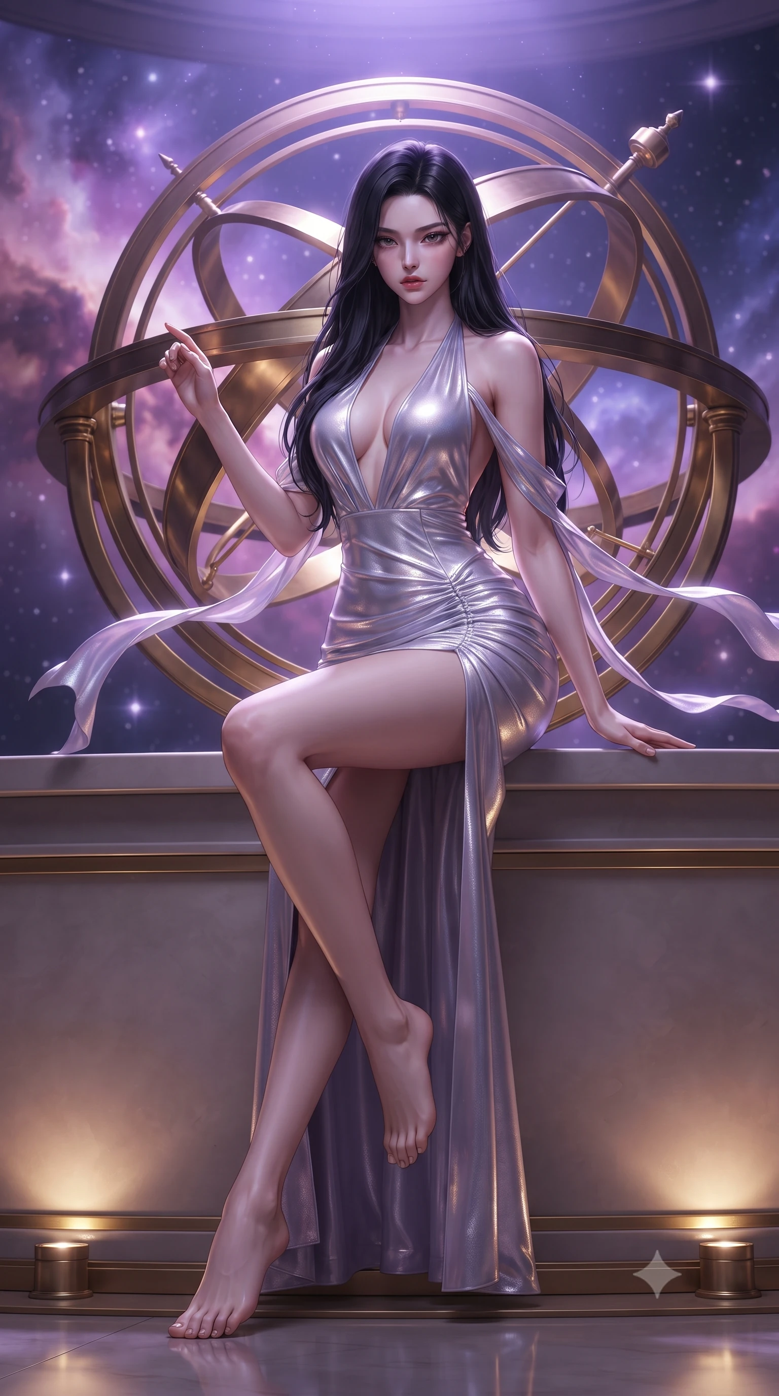 score_9, masterpiece, best quality, ultra-detailed, high-budget anime keyframe, editorial fashion photography, tasteful artistic composition, Korean woman. low angle full-body shot from head to toe showing her feet, filling the entire 9:16 vertical frame with her statuesque presence, stretching her vertical silhouette. sitting perched on the elevated ledge with hips angled toward the camera and legs crossed, displaying her toned midriff and flawlessly sculpted slender limbs while leaning back against the polished brass rings of a colossal rotating armillary sphere, hips tilted in a seductive contrapposto stance. The composition keeps background elements in soft focus with creamy bokeh. swirling violet and magenta nebula clouds and distant star clusters blurred into celestial indigo, pink, and diamond-white bokeh. She has an absolutely perfect, statuesque 8.5-heads proportion, an exceptionally tall and slender model-like female figure with impossibly long slender legs, a toned flat midriff, an ultra-slim waist, and beautifully sculpted feminine hips. sharp v-shaped jawline, high-bridge nose, intricate jewel-like eyes with depth, thick eyelashes, glossy parted lips with a natural sheen, intensely captivating and seductive bedroom-eyes expression, flawlessly proportioned anatomical accuracy, strict slender model proportions, natural body alignment, perfectly sculpted long slender limbs, ultra-slim waistline, clean dynamic posture without body distortion. wearing a plunging halter-neck metallic lamé column dress with a dramatic bare spine and hip-defining ruching in pearlescent opal with soft violet luster, crafted from heavyweight crushed silk velvet with liquid frost luster, complemented by floating celestial silk ribbons catching the nebula light, the glove-like aerodynamic silhouette tightly following the natural contour of her hips and long slender legs with statuesque precision. bathed in cool violet nebula glow from above and warm golden brass indicator uplights. ultra-reflective glossy finish, specular highlights, rich textural contrasts, high-contrast stereoscopic depth, volumetric dynamic lighting, 2k, ultra detail, master piece, 9:16 ratio