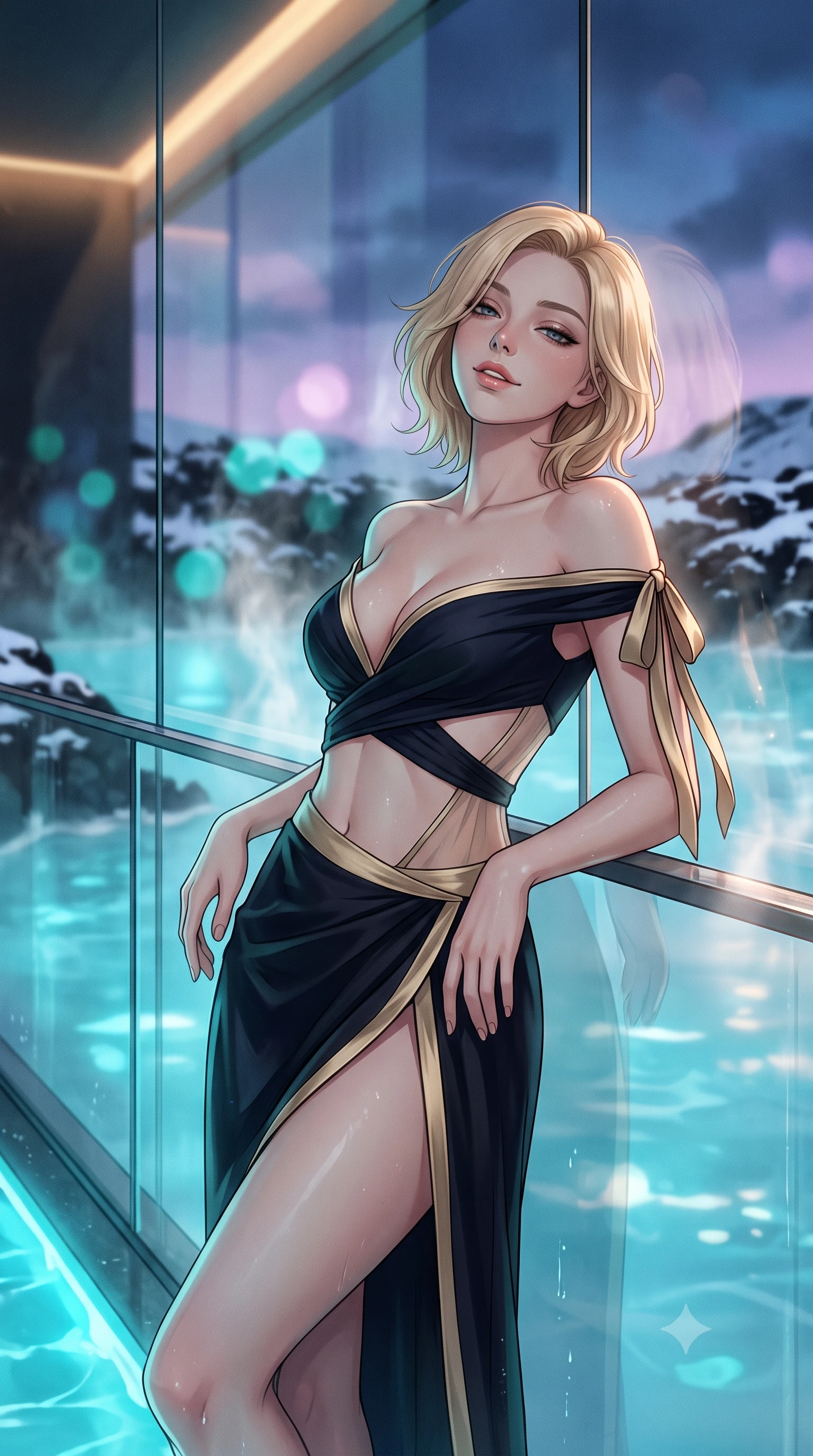 score_9, masterpiece, best quality, ultra-detailed, high-budget anime keyframe, editorial fashion photography, tasteful artistic composition, Caucasian woman. close-up cowboy shot from the waist and thighs up, the character dominates the composition, filling the frame with her large presence. leaning back against the balustrade with relaxed seductive grace, head tilted back slightly while casting a hypnotic, heavy-lidded gaze while leaning against the floor-to-ceiling panoramic glass wall with hips cocked back, looking through rising thermal vapor with heavy-lidded bedroom-eyes. The background shows a soft-focus steaming milky-cyan geothermal lagoon waters, snow-dusted black lava fields, and midnight twilight skies blurred into turquoise, obsidian, and pastel lilac bokeh. She has an exceptionally elegant, slender, and willowy female figure with an ultra-slim waist, flat toned midriff, narrow ribcage, and sculpted feminine hips creating an alluring, slim hourglass silhouette without bulk. sharp v-shaped jawline, high-bridge nose, intricate jewel-like sparkling eyes with depth, thick eyelashes, glossy parted lips with a natural peach sheen, bright cheerful beaming smile with an enchanting and coquettish sensual glint, exuding both youthful cute charm and seductive allure, flawlessly proportioned anatomical accuracy, strict slender model proportions, natural body alignment, perfectly sculpted long slender limbs, ultra-slim waistline, clean dynamic posture without body distortion. wearing an alluring plunge-front off-the-shoulder crop top with asymmetrical side-torso cutouts and a high-slit wrap skirt in deep midnight obsidian black and champagne gold, featuring strategic sheer-illusion tulle side panels framing her ribcage and hips, finished with satin ribbon ties at the shoulders fluttering in the gentle breeze, the impeccably tailored cut draping gracefully along her slender figure with aristocratic poise. bathed in underwater pool turquoise-cyan LEDs combined with soft warm 2700K interior cove lighting through glass. ultra-reflective glossy finish, specular highlights, rich textural contrasts, high-contrast stereoscopic depth, volumetric dynamic lighting, 2k, ultra detail, master piece, 9:16 ratio