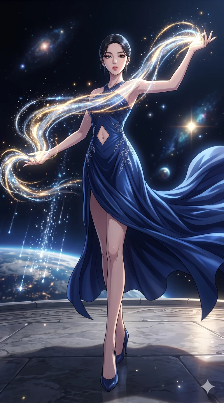 score_9, masterpiece, best quality, ultra-detailed, High-budget Anime Keyframe, vibrant colors, fluid line-art, expressive lighting, cinematic composition, Ufotable-style visual effects, top-tier animation quality, Korean woman with idol-like refined features. Dynamic full-body shot stretching the vertical silhouette, capturing her from a powerful low-angle perspective. Guiding a stream of molten starlight through a dark, sound-sensitive void. She has an absolutely perfect 8-heads proportion, an exceptionally tall and slender female figure with impossibly long slender legs and an ultra-slim waist, her statuesque height and towering silhouette dominating the vertical 9:16 frame. Her face is a masterpiece featuring a sharp v-shaped jawline, high-bridge nose, intricate jewel-like eyes with depth, thick eyelashes, and glossy lips with a natural sheen. She is wearing a Flowing silk gown that ripples like liquid, featuring a small diamond-shaped cutout at the navel. The scene is set in a celestial terrace overlooking a planet where it rains liquid diamonds. 2k, ultra detail, master piece, 9:16 ratio