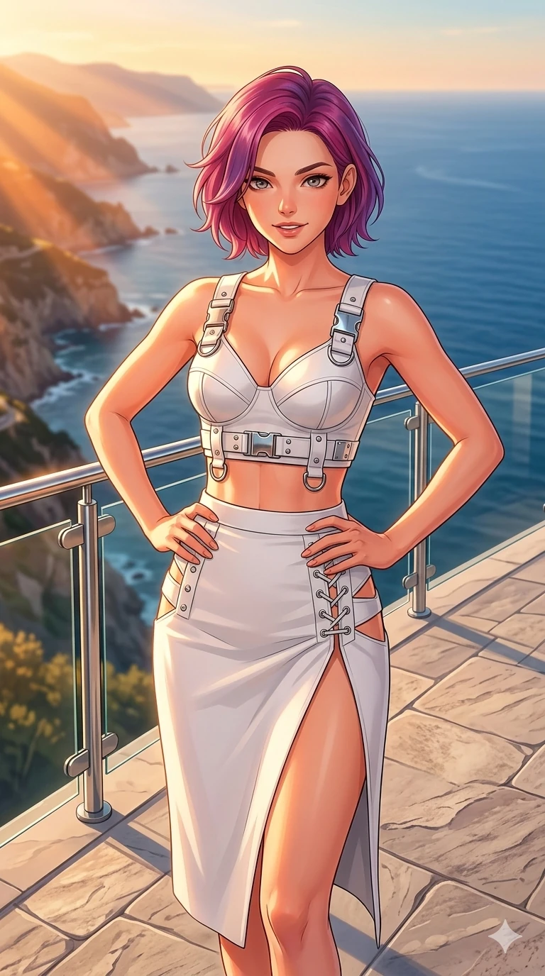 score_9, masterpiece, best quality, ultra-detailed, high-budget anime keyframe, editorial fashion photography, tasteful artistic composition, Caucasian woman, strictly human ears. cowboy shot from the thighs up, character and outfit filling the frame for maximum editorial presence. posing with bright, confident self-assurance, her expression full of power and magnetic allure standing on a cliffside terrace with a panoramic view of the coastline. She has an absolutely perfect 8-heads proportion, an exceptionally tall and slender female figure with impossibly long slender legs and an ultra-slim waist. V-shaped jawline, high-bridge nose, intricate jewel-like eyes with depth, thick eyelashes, glossy lips with a natural sheen. wearing a structured white crop top with chrome hardware and a matching high-slit skirt with side cuts. drenched in golden sunset light, casting warm orange rays that trace her statuesque build. 2k, ultra detail, master piece, 9:16 ratio