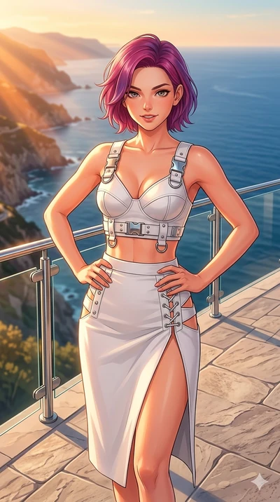score_9, masterpiece, best quality, ultra-detailed, high-budget anime keyframe, editorial fashion photography, tasteful artistic composition, Caucasian woman, strictly human ears. cowboy shot from the thighs up, character and outfit filling the frame