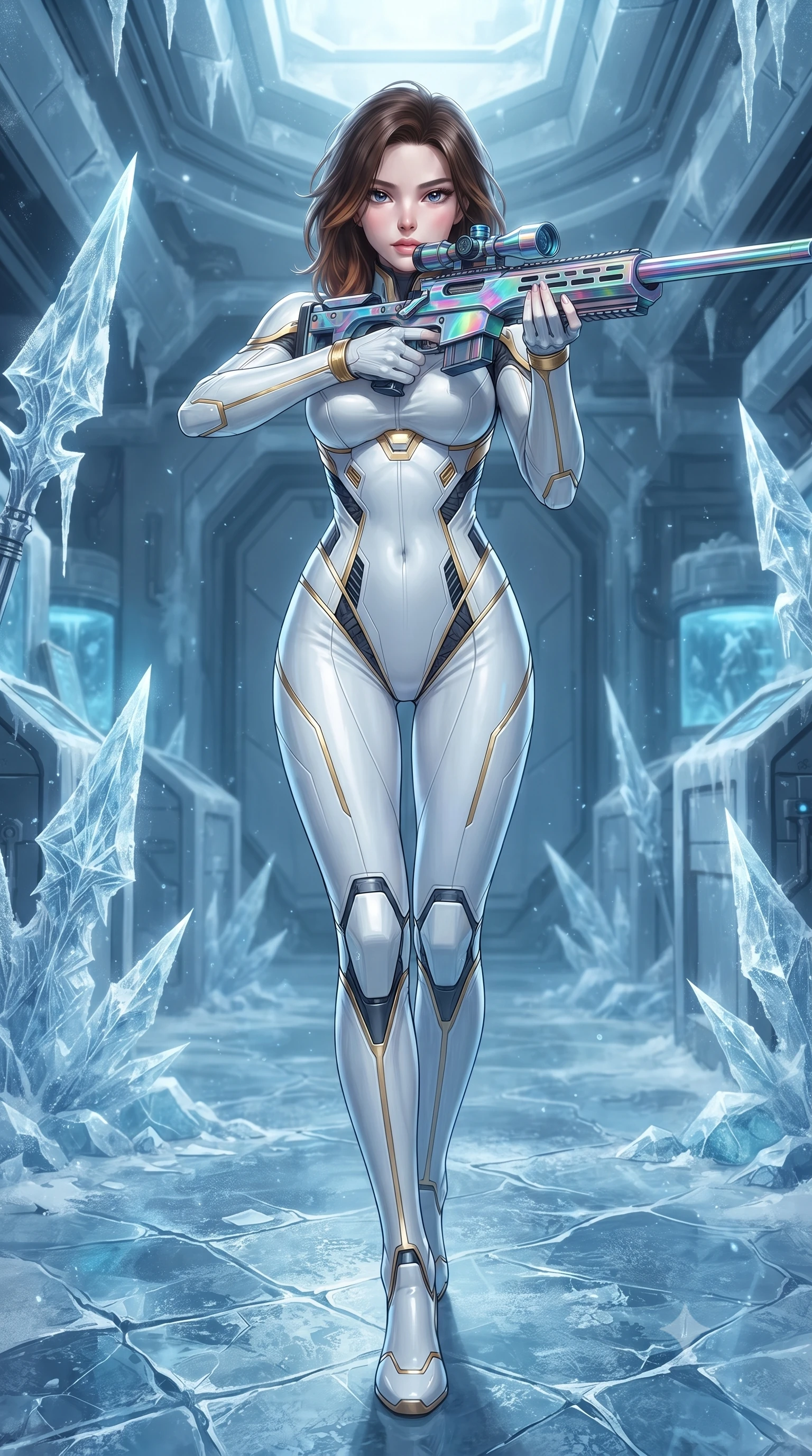 score_9, masterpiece, best quality, ultra-detailed, high-budget anime keyframe, editorial fashion photography, tasteful artistic composition, Korean woman. low angle full-body shot from head to toe showing her feet, filling the entire 9:16 vertical frame with her statuesque presence, stretching her vertical silhouette. striding forward with commanding supermodel grace, weapon held at the ready, her 8.5-heads statuesque silhouette dominating the vertical frame from head to toe while standing poised in a frost-covered cryogenics laboratory holding a glowing crystalline cryo-spear crackling with sub-zero energy. The surrounding environment is rendered in vivid detail and crisp panoramic clarity. intricate crystalline spearhead facets, razor-sharp frost patterns on armor, and cracked ice on floor in deep focus. She has an absolutely perfect, statuesque 8.5-heads proportion, an exceptionally tall and slender model-like female figure with impossibly long slender legs, a toned flat midriff, and an ultra-slim waist. sharp v-shaped jawline, high-bridge nose, intricate jewel-like eyes with depth, thick eyelashes, glossy lips with a natural sheen, flawlessly proportioned anatomical accuracy, strict slender model proportions, natural body alignment, perfectly sculpted long slender limbs, ultra-slim waistline, clean dynamic posture without body distortion. wearing a form-contouring arctic white carbon-composite battle-suit with solar gold trim and diagonal midriff vents, aiming a precision carbon-fiber railgun sniper rifle with divine focus in high-gloss iridescent rainbow carbon with prism holographic sheen, formed from high-gloss patent carbon-plating with specular chiaroscuro reflections, featuring a sleek aerodynamic collar framed by subtle glowing cybernetic status LEDs, the sleek second-skin cut tightly hugging her graceful clavicle, narrow waist, and feminine curves with athletic precision. surrounded by a cool, lethal, and breathtakingly alluring frost-goddess special-operative aura. ultra-reflective glossy finish, specular highlights, dark metallic sheen, high-contrast stereoscopic depth, volumetric dynamic lighting, 2k, ultra detail, master piece, 9:16 ratio