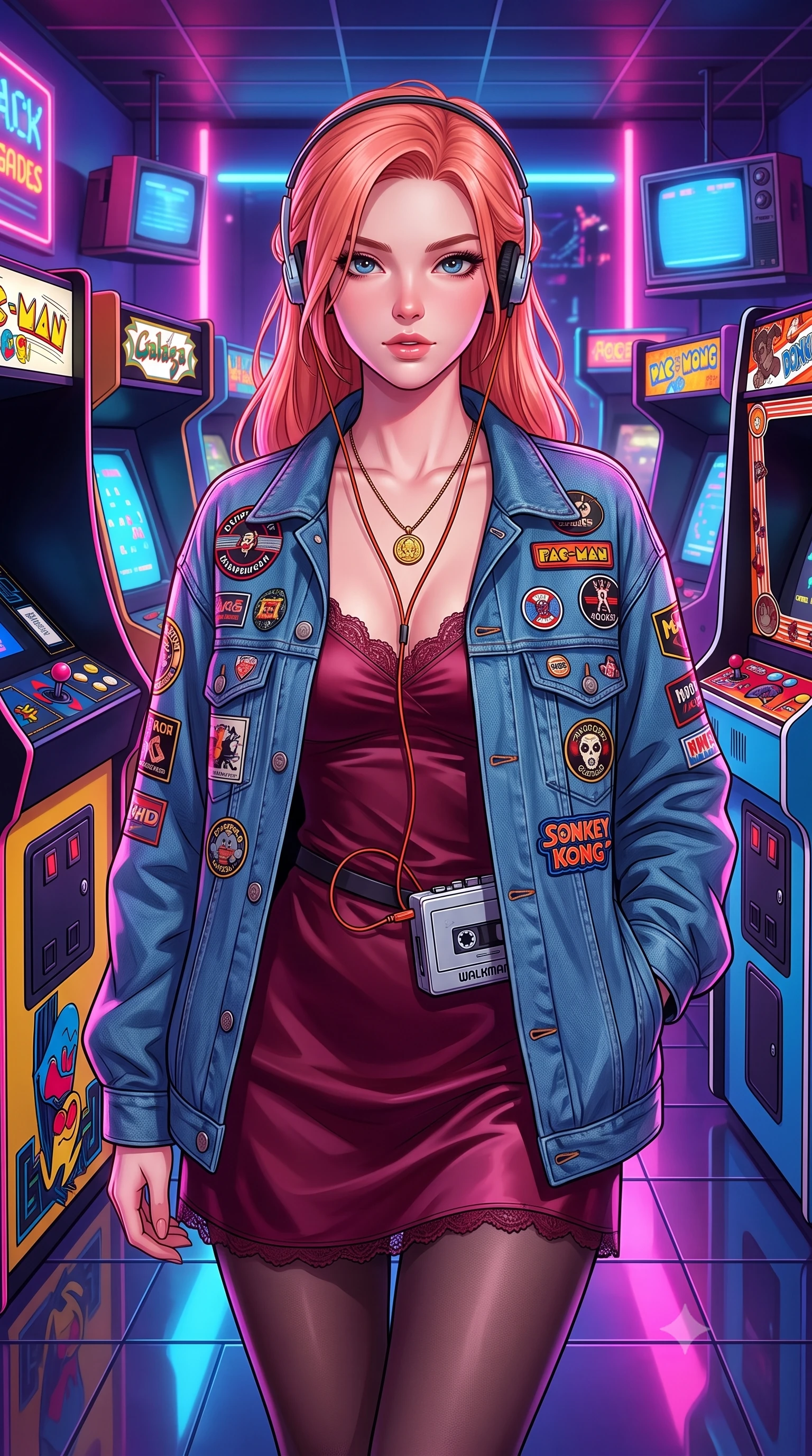 score_9, masterpiece, best quality, ultra-detailed, high-budget anime keyframe, semi-realistic 3D game render, editorial fashion photography, tasteful artistic composition, Japanese woman. close-up cowboy shot from the waist and thighs up, the character dominates the composition, filling the frame with her large presence. leaning forward with playful, captivating grace, her sculpted collarbones and slender neckline highlighted by directional light while standing in a buzzing 1980s neon arcade game center, wearing retro on-ear foam headphones plugged into a vintage cassette Walkman. The surrounding environment is rendered in vivid detail and crisp panoramic clarity. detailed denim jacket patches, arcade cabinet side art, and floor neon reflections in high resolution. She has an exceptionally elegant, slender, and willowy female figure with an ultra-slim waist, a gracefully sculpted slender torso, toned flat midriff, and a refined slim silhouette. sharp v-shaped jawline, high-bridge nose, intricate jewel-like eyes with depth, thick eyelashes, glossy lips with a natural sheen, captivating and magnetic expression, flawlessly proportioned anatomical accuracy, strict slender model proportions, natural body alignment, perfectly sculpted long slender limbs, ultra-slim waistline, clean dynamic posture without body distortion. wearing a romantic 90s silk satin slip dress layered under an unbuttoned vintage oversized denim jacket in rich wine burgundy and faded vintage blue, made of crisp lightweight vintage crinkle nylon, accented with a vintage gold coin pendant necklace and dark sheer tights, the breezy yet form-flattering drape swaying gracefully with her steps, accentuating her long willowy limbs and slim waistline. illuminated by crisp directional highlights defining her toned midriff, slender waist, and long legs. highly saturated vibrant anime colors, detailed shading with soft gradients, rich glossy textures, high-contrast stereoscopic depth, volumetric dynamic lighting, master piece, 9:16 ratio