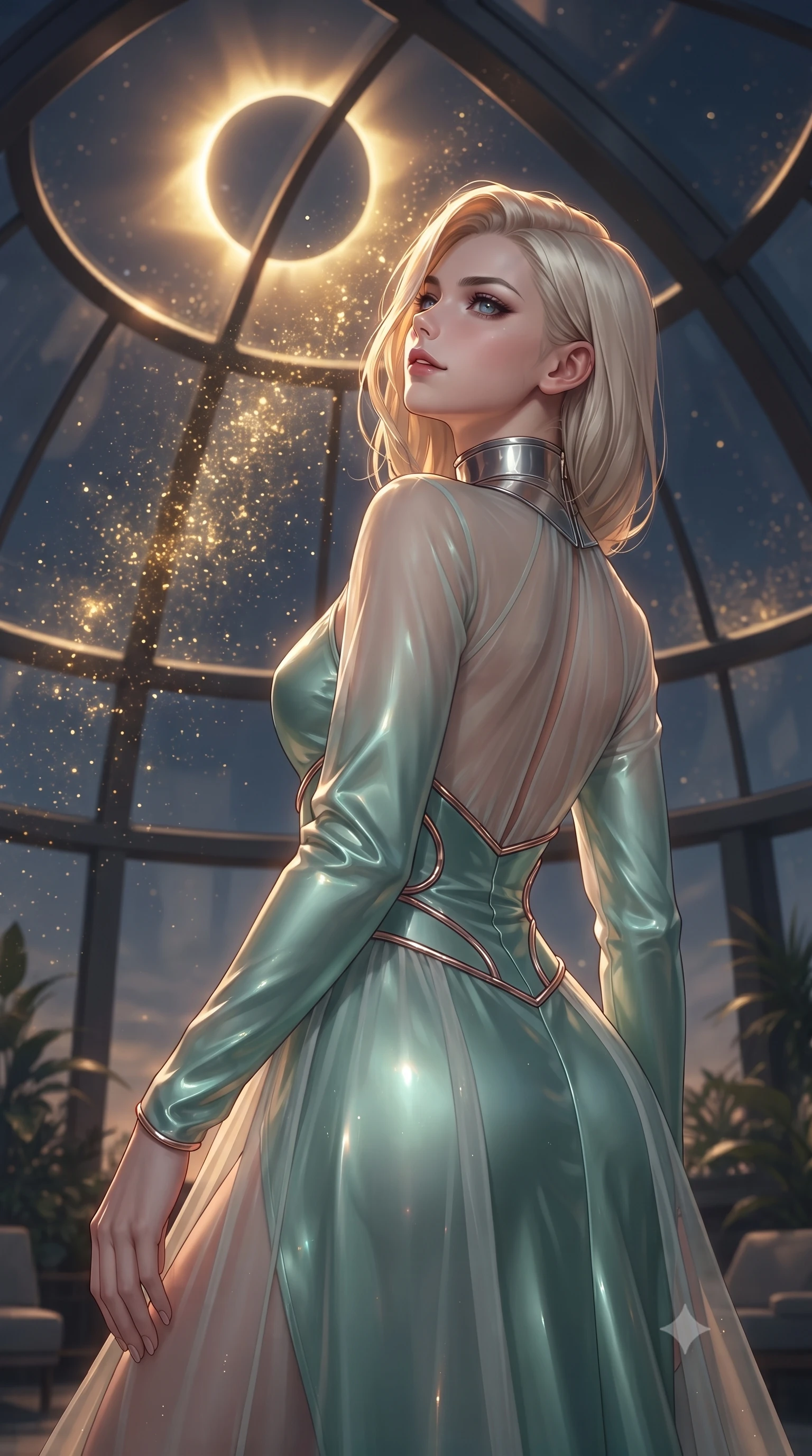score_9, masterpiece, best quality, ultra-detailed, high-budget anime keyframe, editorial fashion photography, tasteful artistic composition, Caucasian woman. close-up cowboy shot from the waist and thighs up, the character dominates the composition, filling the frame with her large presence, background elements kept in soft focus. Glancing sidelong over her shoulder with a smoldering half-smile, inside a dome solarium looking up at a total solar eclipse with a glowing golden corona, intense solar dust glittering like gold flecks in mid-air. She has an exceptionally elegant, slender, and willowy female figure with an ultra-slim waist, a gracefully sculpted slender torso, and a refined silhouette. sharp v-shaped jawline, high-bridge nose, intricate jewel-like eyes with depth, thick eyelashes, glossy lips with a natural sheen. wearing long-sleeved seafoam green satin gown with high structured collar in metallic silver, made of sheer opal chiffon overlay, trimmed with rose-gold ring hardware along the waist contours, highlighting her statuesque proportions and ultra-slim waistline. bathed in warm amber solar light and high-contrast navy shadows. ultra-reflective glossy finish, specular highlights, metallic sheen, high-contrast stereoscopic depth, volumetric dynamic lighting, 2k, ultra detail, master piece, 9:16 ratio