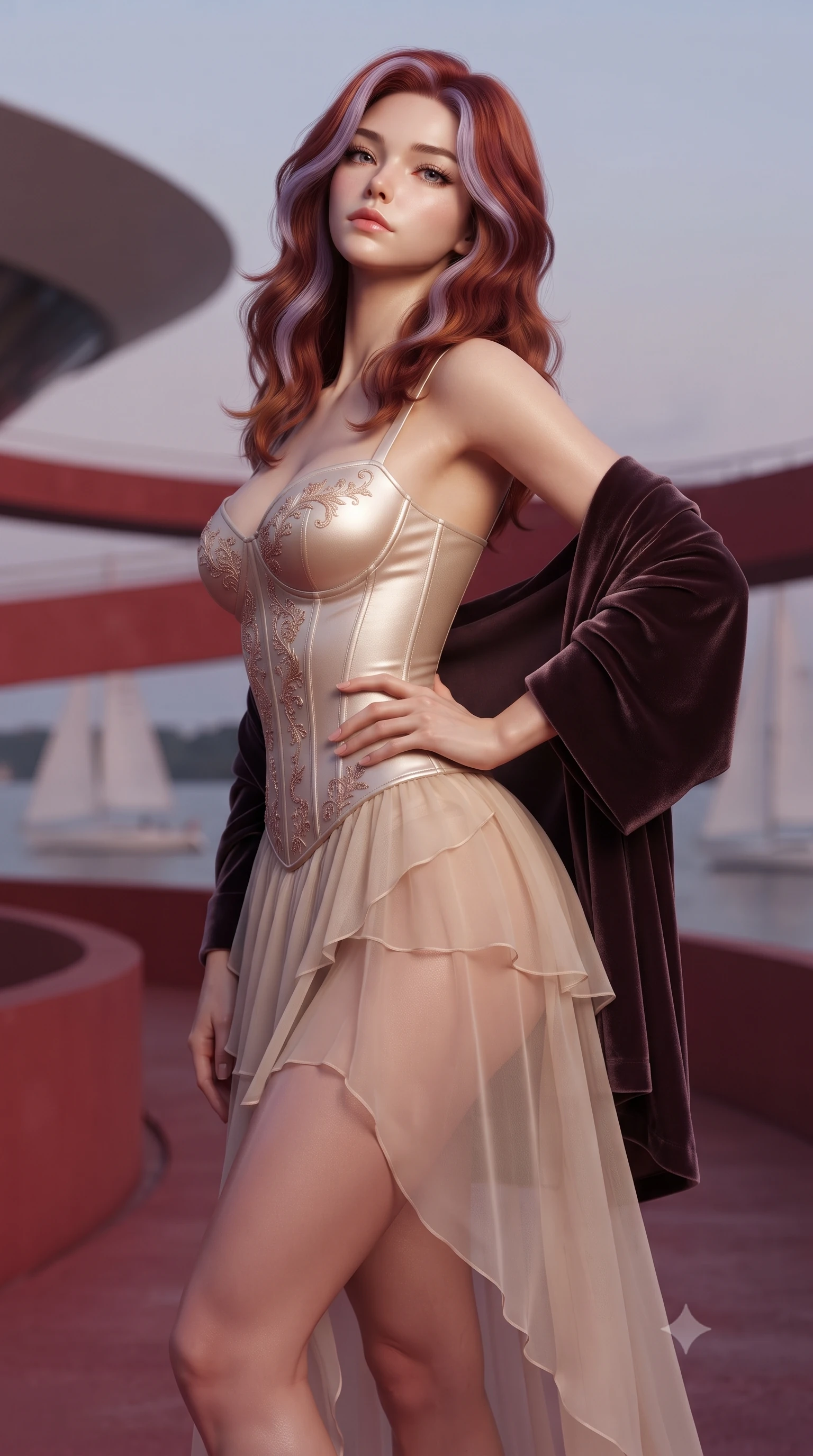 score_9, masterpiece, best quality, ultra-detailed, high-budget anime keyframe, editorial fashion photography, tasteful artistic composition, Caucasian woman. close-up cowboy shot from the waist and thighs up, the character dominates the composition, filling the frame with her large presence. tilting her chin up with proud, sovereign allure while gazing through thick eyelashes, one hand resting on her waist in pure supermodel charisma while standing poised at the apex of the futuristic flying saucer museum terrace, twisting her slender torso in an alluring S-curve in the tropical twilight. The composition keeps background elements in soft focus with creamy bokeh. sweeping red concrete ramp curves and passing sailboats softened in cinematic tropical shallow focus. She has an exceptionally elegant, slender, and willowy female figure with an ultra-slim waist, flat toned midriff, narrow ribcage, and sculpted feminine hips creating an alluring, slim hourglass silhouette without bulk. sharp v-shaped jawline, high-bridge nose, intricate jewel-like eyes with depth, thick eyelashes, glossy parted lips with a natural sheen, intensely captivating and seductive bedroom-eyes expression, flawlessly proportioned anatomical accuracy, strict slender model proportions, natural body alignment, perfectly sculpted long slender limbs, ultra-slim waistline, clean dynamic posture without body distortion. wearing an off-shoulder French court corset bodice dress paired with a tiered translucent chiffon slit skirt in vintage champagne ivory and delicate rose gold, formed from supple second-skin lambskin leather with specular sheen, complemented by a plush velvet shawl draped loosely over her elbows, the glove-like aerodynamic silhouette tightly following the natural contour of her hips and long slender legs with statuesque 8.5-heads elegance. illuminated by warm specular ocean reflections sharply sculpting her razor-sharp jawline, narrow waist, and curvy hips. ultra-reflective glossy finish, specular highlights, rich textural contrasts, high-contrast stereoscopic depth, volumetric dynamic lighting, 2k, ultra detail, master piece, 9:16 ratio