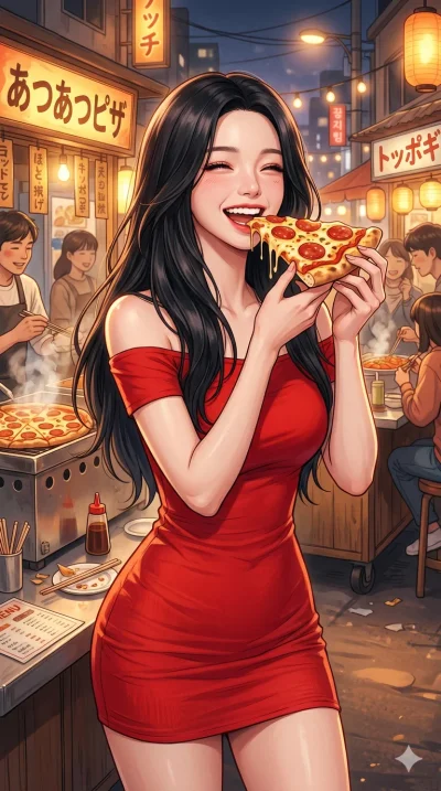 score_9, score_8_up, score_7_up, source_anime, masterpiece, best quality, ultra-detailed, same character with long flowing black hair, wearing a red off-the-shoulder bodycon dress, upper body close-up from thigh up filling the screen, laughing while 