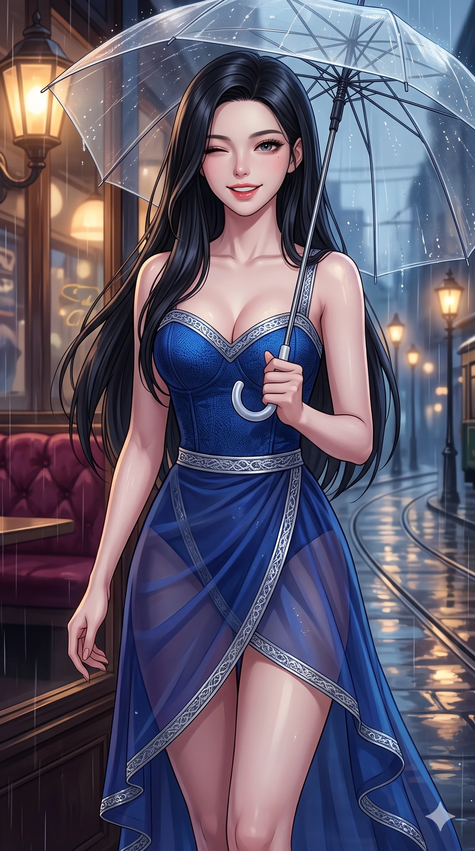 score_9, masterpiece, best quality, ultra-detailed, high-budget anime keyframe, vibrant anime aesthetic, Korean woman. close-up cowboy shot from the waist and thighs up, the character dominates the composition, filling the frame with her large presence, background elements kept in soft focus. She is standing under a clear umbrella, winking playfully with a delightful smile, looking directly into the lens with a lively, expressive stance. the background shows a soft-focus retro-themed cafe corner with plush velvet booths and a view of rain-slicked tram tracks outside (Code-P22-141). She has an absolutely perfect proportion, an exceptionally elegant and slender female figure with an ultra-slim waist. V-shaped jawline, high-bridge nose, intricate jewel-like eyes with depth, thick eyelashes, glossy lips with a natural sheen. wearing a structured textured bodice with a sweetheart neckline and a translucent chiffon wrap skirt in sapphire blue and silver trim. She is illuminated by warm gaslight street lamps, casting soft reflections on wet pavements, outlining her elegant silhouette inside the retro conservatory cafe. 2k, ultra detail, master piece, 9:16 ratio