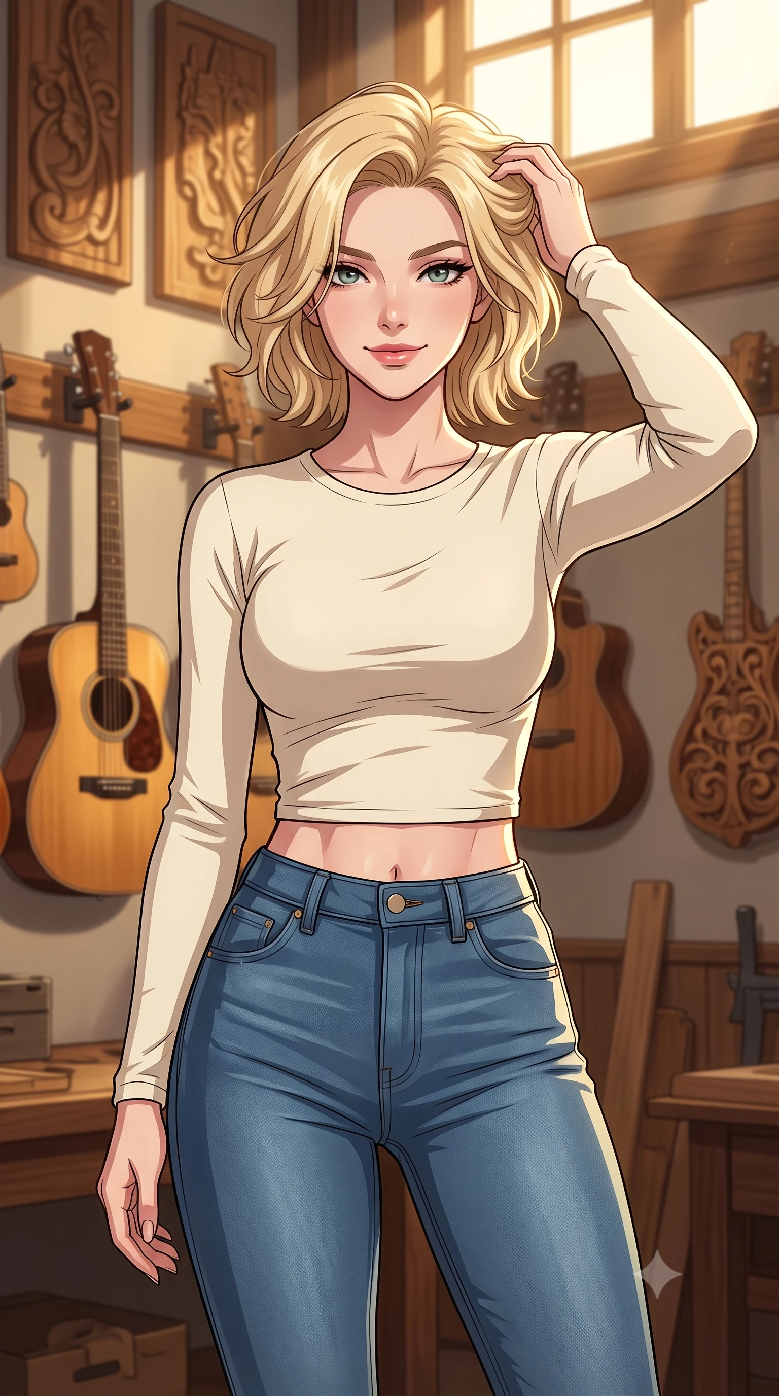 score_9, masterpiece, best quality, ultra-detailed, high-budget anime keyframe, tasteful artistic composition, Caucasian woman. close-up cowboy shot from the waist and thighs up, the character dominates the composition, filling the frame with her large presence, background elements kept in soft focus. smiling with quiet, magnetic self-assurance directly into the camera, running a hand through her hair the background shows a soft-focus a high-end instrument workshop with acoustic guitars and wood carvings hanging on the wall. She has an exceptionally elegant, slender, and willowy female figure with an ultra-slim waist, a gracefully sculpted slender torso, and a refined silhouette. sharp v-shaped jawline, high-bridge nose, intricate jewel-like eyes with depth, thick eyelashes, glossy lips with a natural sheen. wearing a body-hugging body-hugging long-sleeve crop top in cream cotton paired with high-waisted skinny jeans. warm afternoon sunlight filtering through a high window, highlighting wood grains. highly saturated vibrant anime colors, cel-shading, 2d style, master piece, 9:16 ratio