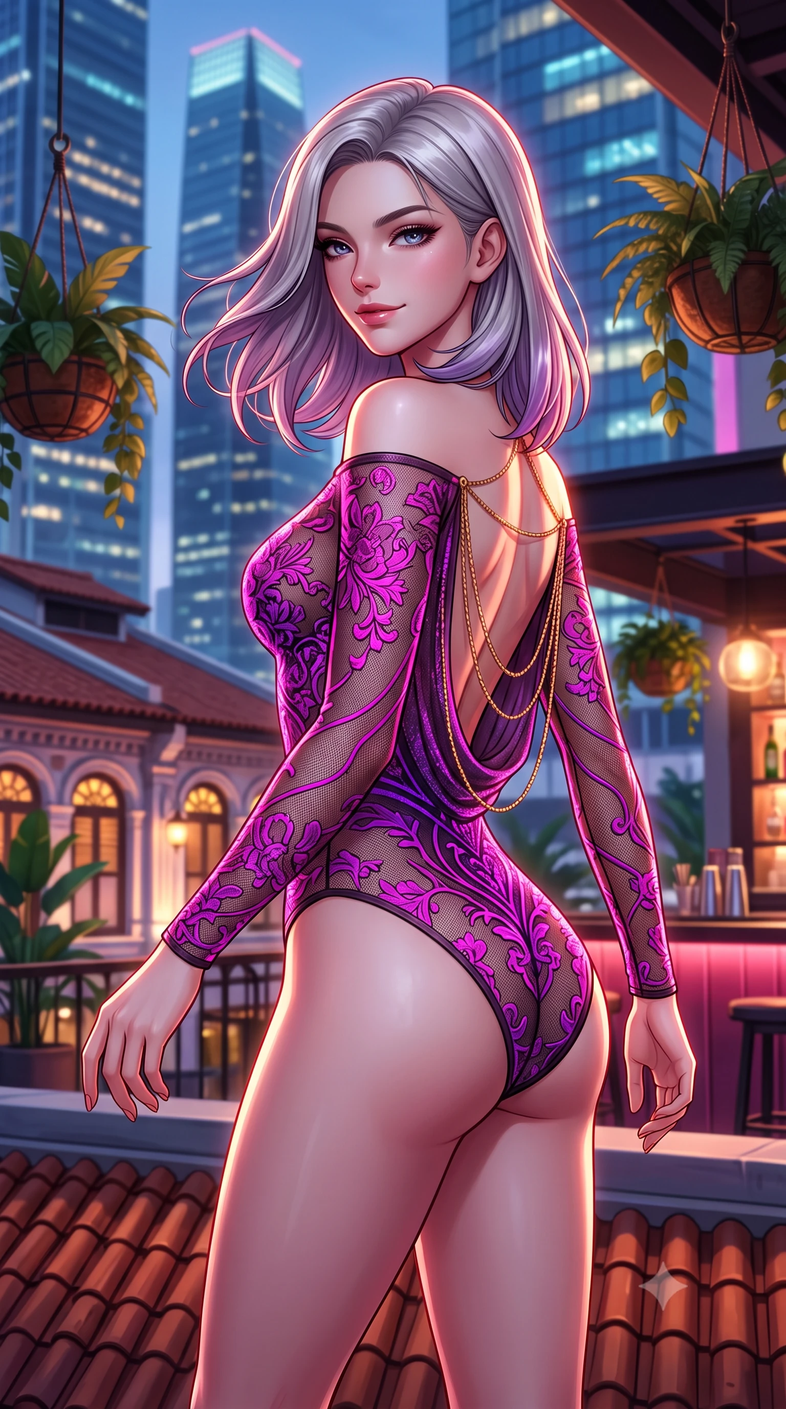 score_9, masterpiece, best quality, ultra-detailed, high-budget anime keyframe, semi-realistic 3D game render, editorial fashion photography, tasteful artistic composition, Caucasian woman. close-up cowboy shot from the waist and thighs up, the character dominates the composition, filling the frame with her large presence. turning slowly with an enchanting smoldering smile, her glossy hair tossing in the breeze as her hips angle gracefully in a captivating contrapposto while standing poised on the restored terracotta tile rooftop of the historic Peranakan shophouse, arching her spine with femme-fatale poise as ultra-modern glass skyscrapers tower all around. The background shows a soft-focus hanging tropical plant baskets softened in trendy Singapore rooftop bar shallow focus. She has an exceptionally elegant, slender, and willowy female figure with an ultra-slim waist, flat toned midriff, narrow ribcage, and sculpted feminine hips creating an alluring, slim hourglass silhouette without bulk. sharp v-shaped jawline, high-bridge nose, intricate jewel-like sparkling eyes with depth, thick eyelashes, glossy parted lips with a natural peach sheen, bright cheerful beaming smile with an enchanting and coquettish sensual glint, exuding both youthful cute charm and seductive allure, flawlessly proportioned anatomical accuracy, strict slender model proportions, natural body alignment, perfectly sculpted long slender limbs, ultra-slim waistline, clean dynamic posture without body distortion. wearing an off-the-shoulder sheer-illusion mesh bodysuit with strategic floral flocking and high-cut leg openings in Supertree bioluminescent magenta and electric violet, woven from fine semi-opaque stretch illusion mesh tracing her slender contours, accented with an open-back drape framed by falling strands of delicate gold chains, the bespoke structured tailoring following the natural line of her 8.5-heads silhouette with refined elegance. illuminated by bar counter reflection fill and sharp rose-gold rim lights defining her razor-sharp jawline, narrow waist, and curvy hips. highly saturated vibrant anime colors, detailed shading with soft gradients, rich glossy textures, high-contrast stereoscopic depth, volumetric dynamic lighting, master piece, 9:16 ratio