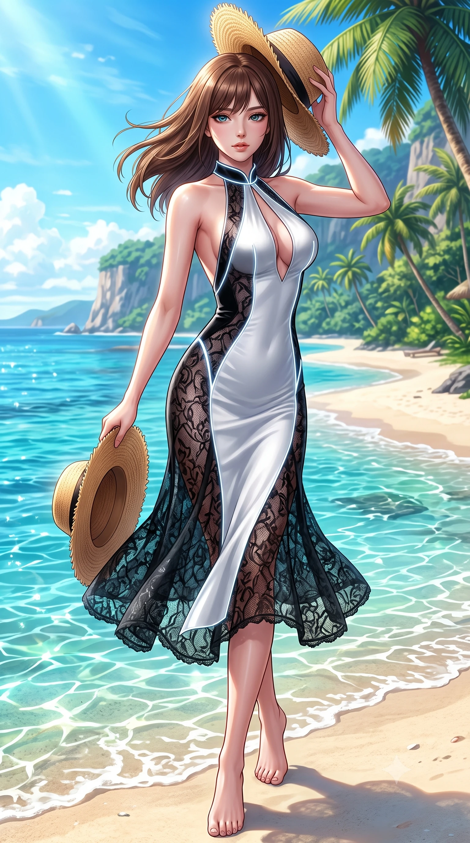 score_9, masterpiece, best quality, ultra-detailed, high-budget anime keyframe, semi-realistic 3D game render, editorial fashion photography, tasteful artistic composition, Korean woman. low angle full-body shot from head to toe showing her feet, filling the entire 9:16 vertical frame with her statuesque presence, stretching her vertical silhouette. pivoting dynamically in mid-motion with a breathtakingly alluring posture, displaying her flawless model proportions and ultra-slim waist while holding her sunhat lightly against a warm tropical ocean breeze while gazing into the camera with bedroom eyes. The surrounding environment is rendered in vivid detail and crisp panoramic clarity. glistening water refractions and scenic coastal landscapes captured with environmental precision. She has an absolutely perfect, statuesque 8.5-heads proportion, an exceptionally tall and slender model-like female figure with impossibly long slender legs, a toned flat midriff, and an ultra-slim waist. sharp v-shaped jawline, high-bridge nose, intricate jewel-like eyes with depth, thick eyelashes, glossy lips with a natural sheen, flawlessly proportioned anatomical accuracy, strict slender model proportions, natural body alignment, perfectly sculpted long slender limbs, ultra-slim waistline, clean dynamic posture without body distortion. wearing a velvet halter-neck midi dress fitting her statuesque contour flawlessly with a Tasteful chest slit and open spine in high-gloss monochrome white and sharp black contrast, crafted from delicate dark lace interwoven with luminescent micro-fibers, accented with glowing fiber-optic seams tracing her collarbones and hip curves, the form-contouring material adhering flawlessly to her sculpted flat midriff and slender torso, emphasizing her long leg lines and perfectly proportioned willowy build. surrounded by a fresh, sun-soaked, and breathtakingly sensual tropical paradise ambiance. highly saturated vibrant anime colors, detailed shading with soft gradients, rich glossy textures, high-contrast stereoscopic depth, volumetric dynamic lighting, master piece, 9:16 ratio