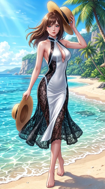 score_9, masterpiece, best quality, ultra-detailed, high-budget anime keyframe, semi-realistic 3D game render, editorial fashion photography, tasteful artistic composition, Korean woman. low angle full-body shot from head to toe showing her feet, fil