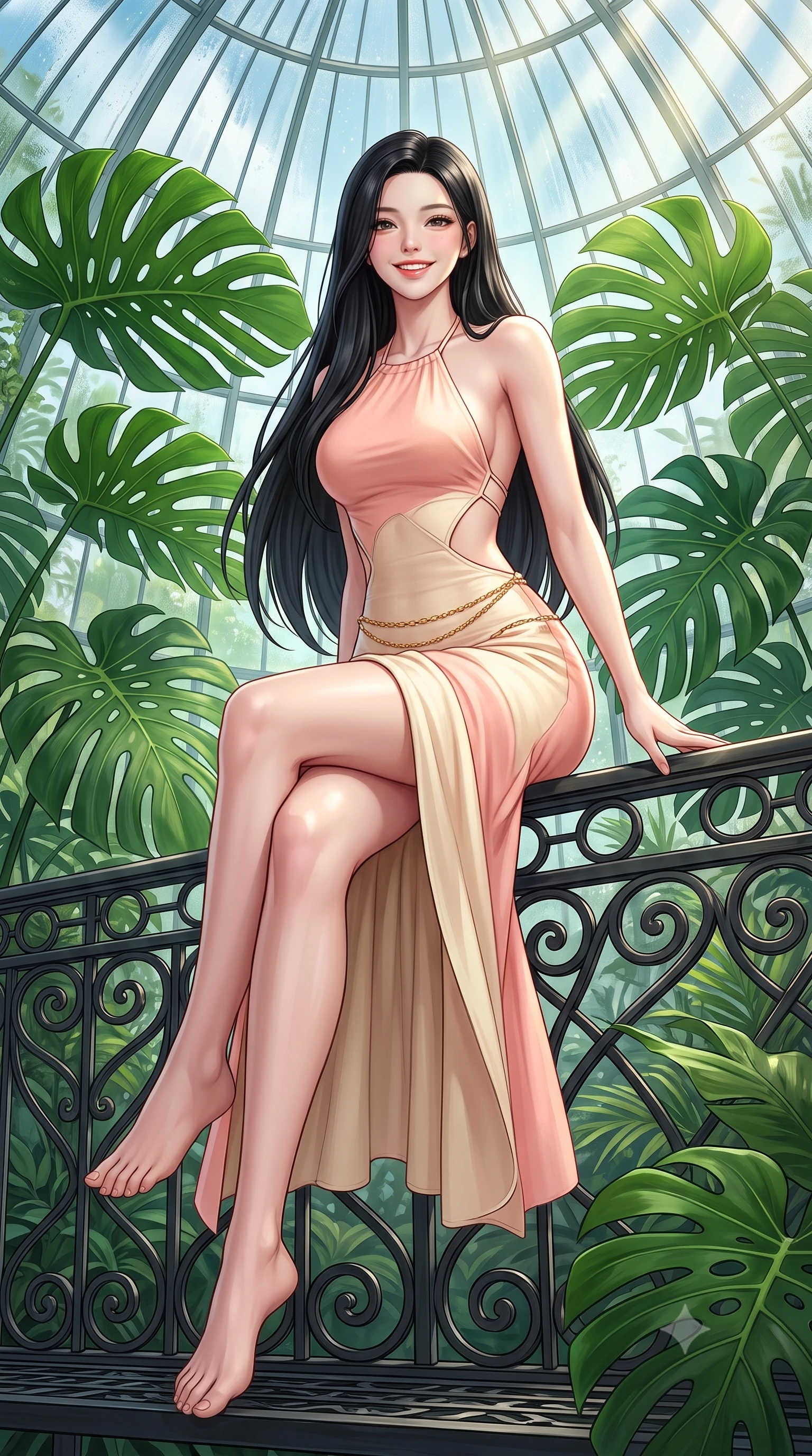 score_9, masterpiece, best quality, ultra-detailed, high-budget anime keyframe, semi-realistic 3D game render, editorial fashion photography, tasteful artistic composition, Korean woman. low angle full-body shot from head to toe showing her feet, filling the entire 9:16 vertical frame with her statuesque presence, stretching her vertical silhouette. sitting perched on the elevated edge with legs crossed and hips angled toward the camera, displaying her toned midriff and long slender limbs with a joyful, coquettish smile while standing poised between giant emerald monstera fronds, twisting her slender torso in an alluring S-curve in the filtered sunbeams. The surrounding environment is rendered in vivid detail and crisp panoramic clarity. sharp wrought-iron bench scrollwork, tropical leaf venation, and glass pane condensation in deep focus. She has an exceptionally tall and slender model-like 8.5-heads proportion, an ultra-slim waist, a flat toned midriff, narrow delicate ribcage, and beautifully sculpted feminine hips creating a graceful, slim hourglass silhouette without any bulky heaviness, with impossibly long slender legs. sharp v-shaped jawline, high-bridge nose, intricate jewel-like sparkling eyes with depth, thick eyelashes, glossy parted lips with a natural peach sheen, bright cheerful beaming smile with an enchanting and coquettish sensual glint, exuding both youthful cute charm and seductive allure, flawlessly proportioned anatomical accuracy, strict slender model proportions, natural body alignment, perfectly sculpted long slender limbs, ultra-slim waistline, clean dynamic posture without body distortion. wearing a backless pastel halter sundress with side-waist diamond cutouts and an ultra-fitted hip-hugging silhouette in pastel peach blossom pink and warm champagne ivory, crafted from soft breathable linen with effortless natural drape, accented with a delicate gold chain belt resting loosely on her curvy hips, the liquid-tight tailored fabric clinging flawlessly to her narrow waist and rounded feminine hips, emphasizing every millimeter of her sculpted slim hourglass curves without any bulky heaviness. bathed in fresh botanical sunbeams filtering through the soaring glass dome. highly saturated vibrant anime colors, detailed shading with soft gradients, rich glossy textures, high-contrast stereoscopic depth, volumetric dynamic lighting, master piece, 9:16 ratio