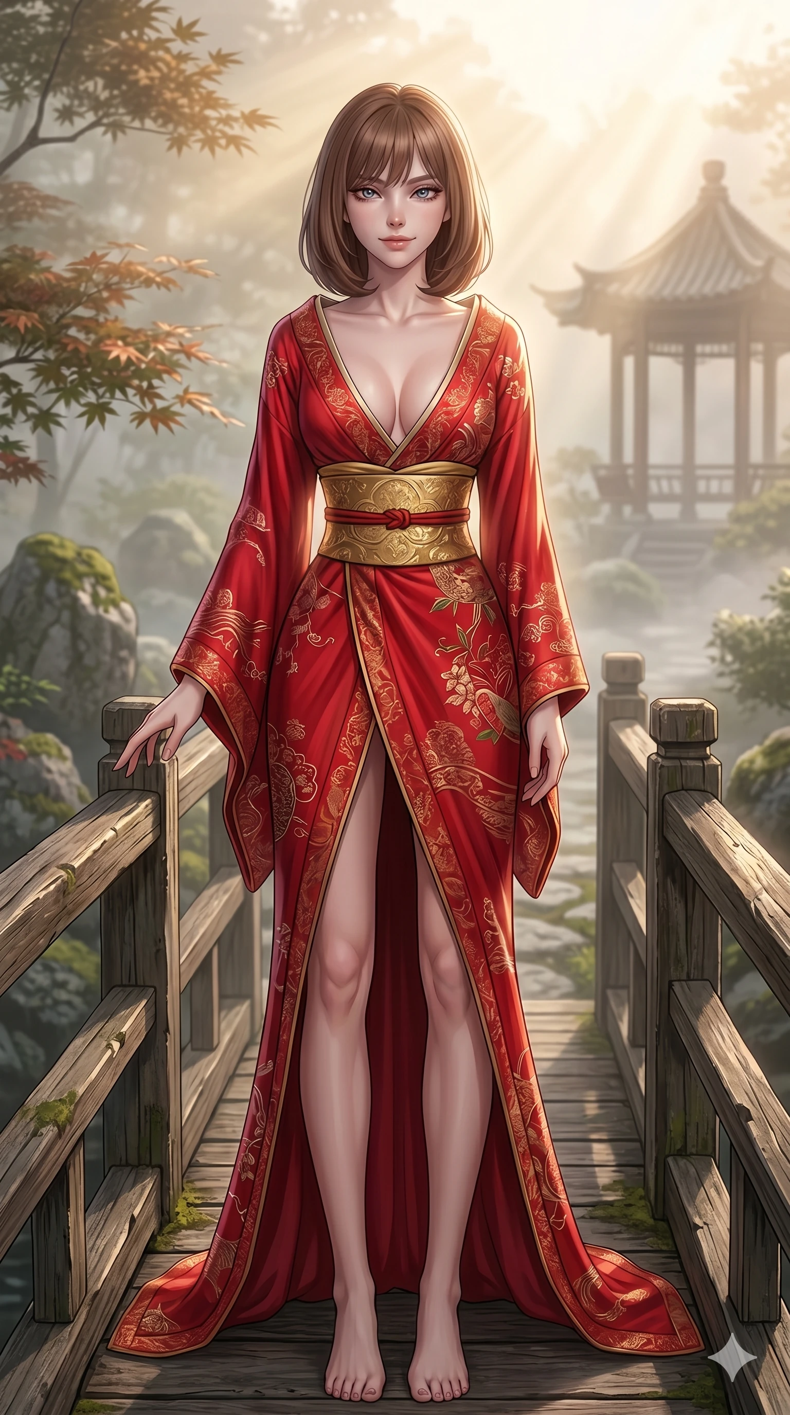 score_9, masterpiece, best quality, ultra-detailed, high-budget anime keyframe, editorial fashion photography, tasteful artistic composition, Caucasian woman, strictly human ears. cowboy shot from the thighs up, character and outfit filling the frame for maximum editorial presence. resting one hand on the bridge railing, looking at the lens with a sultry, bedroom-eyes smile on a wooden bridge in a traditional Japanese garden with mist rising (Code-P16-056). She has an absolutely perfect 8-heads proportion, an exceptionally tall and slender female figure with impossibly long slender legs and an ultra-slim waist. V-shaped jawline, high-bridge nose, intricate jewel-like eyes with depth, thick eyelashes, glossy lips with a natural sheen. wearing a modern red silk kimono dress with a deep plunging V-neckline and wide gold obi. soft morning sunbeams filtering through the mist, creating a soft glowing aura. 2k, ultra detail, master piece, 9:16 ratio